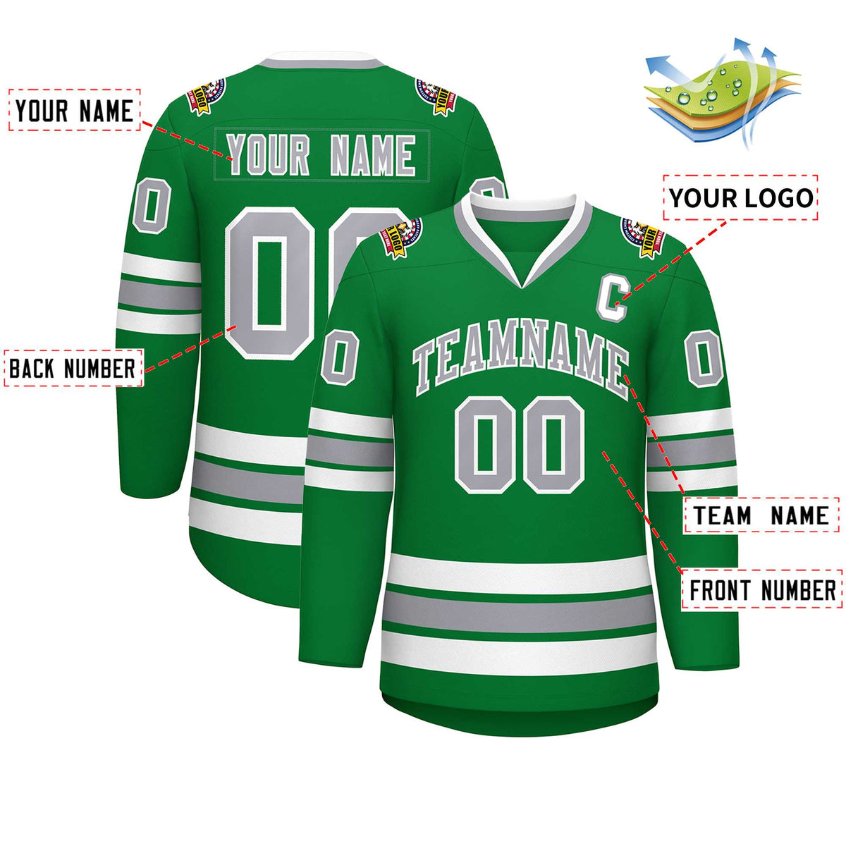 Custom Kelly Green Gray-White Classic Style Hockey Jersey | KXKSHOP