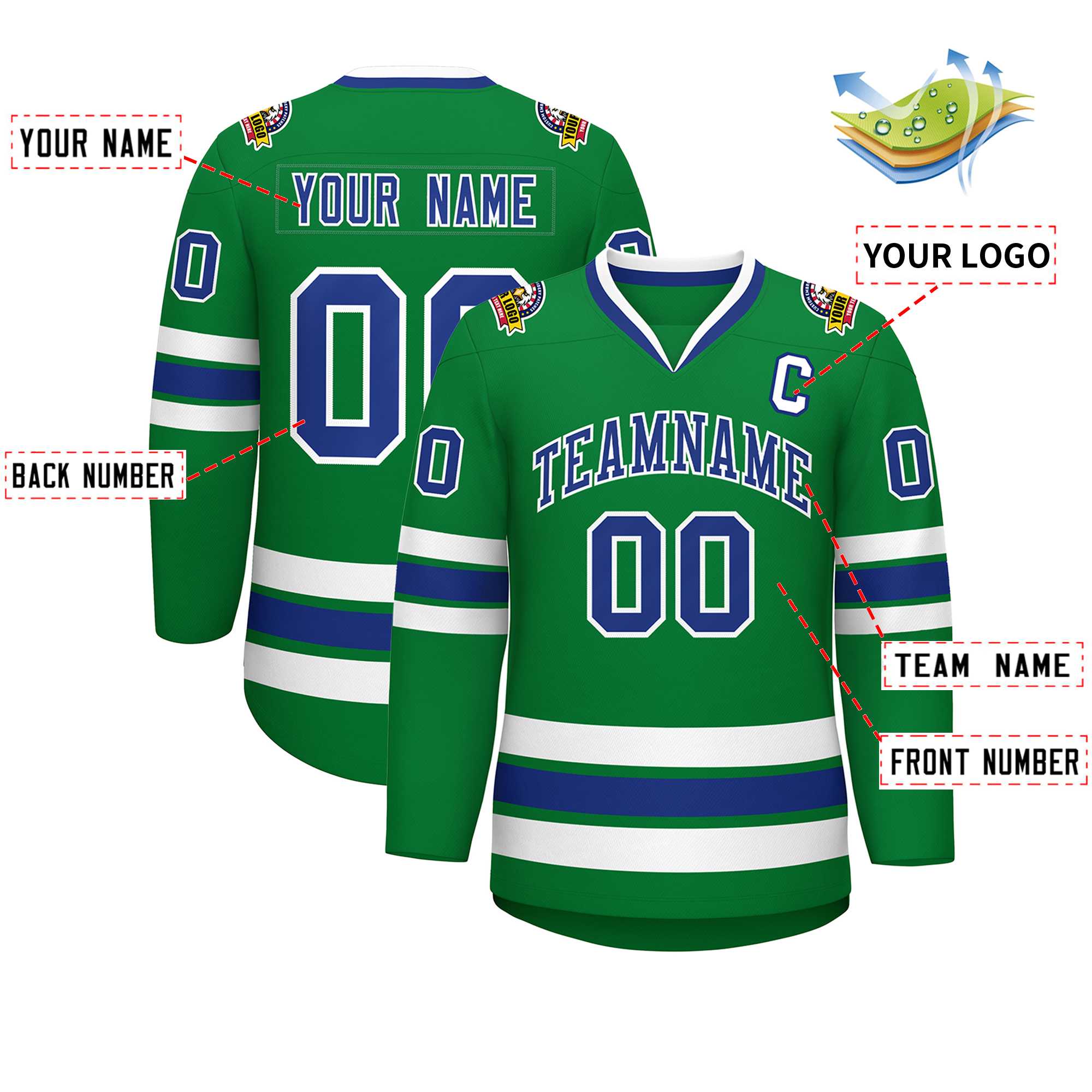 Custom Kelly Green Royal-White Classic Style Hockey Jersey | KXKSHOP