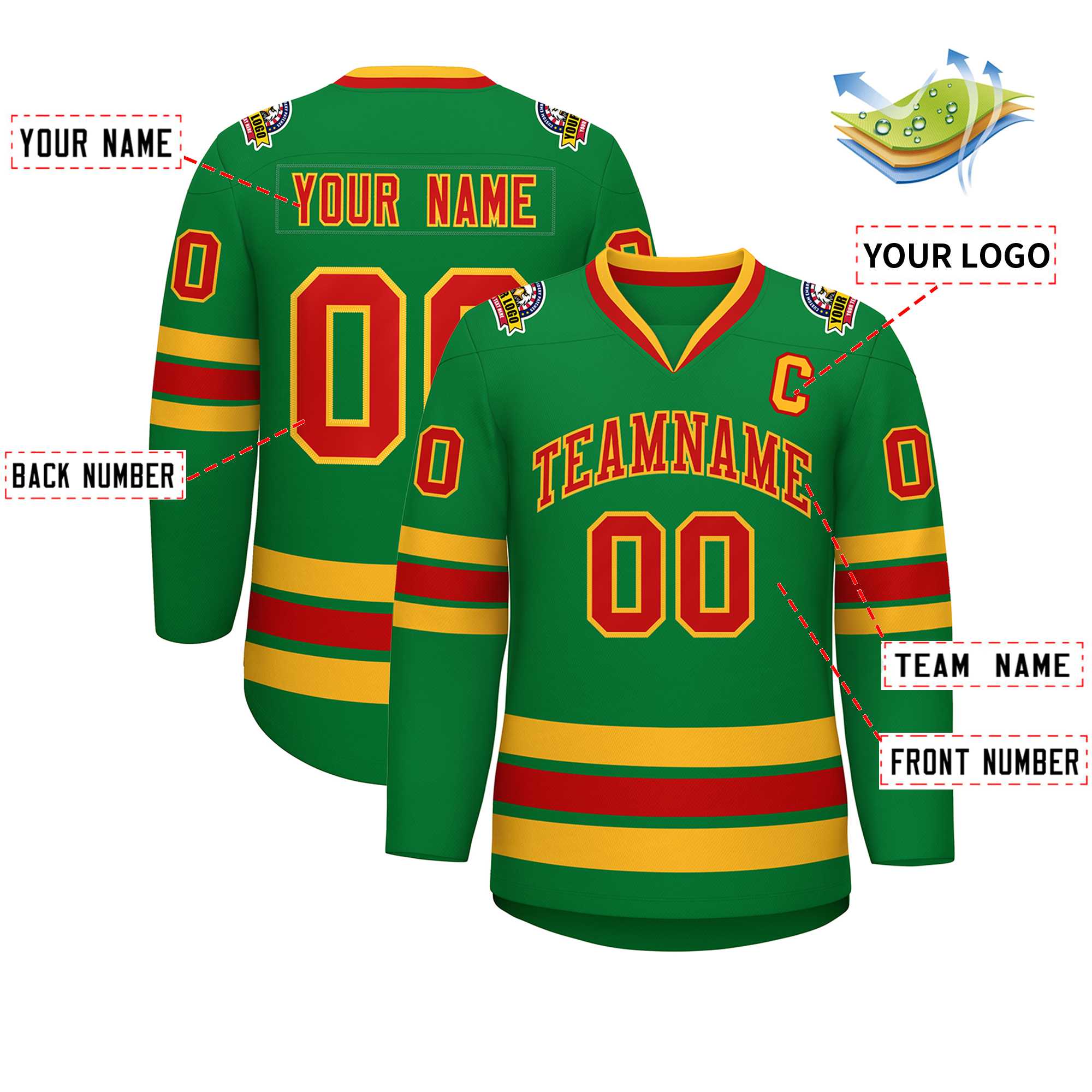 Custom Kelly Green Red-Gold Classic Style Hockey Jersey | KXKSHOP