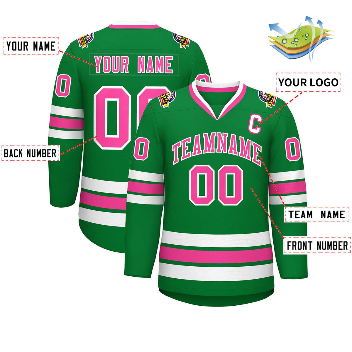 Custom Kelly Green Pink-White Classic Style Hockey Jersey | KXKSHOP