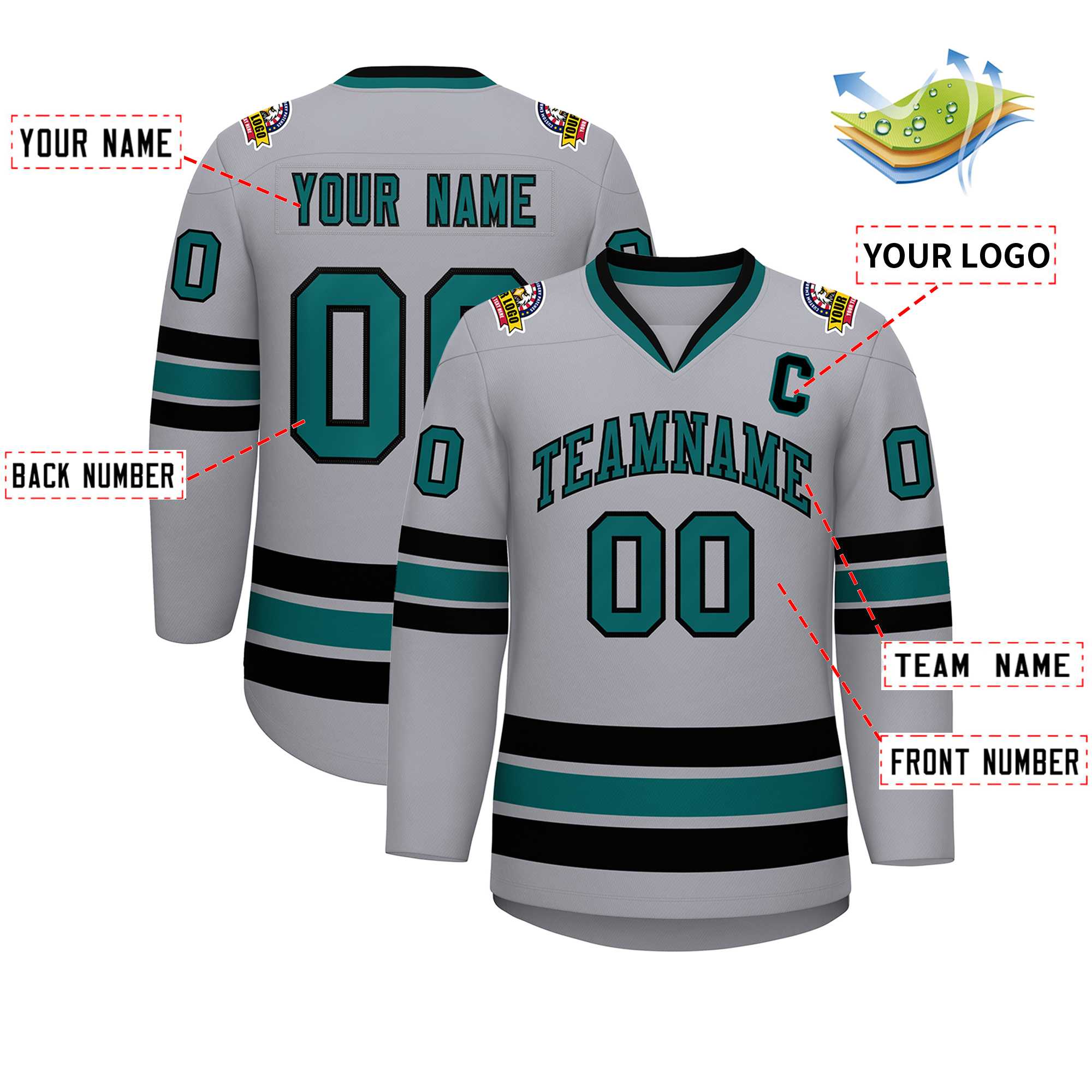 Custom Gray Aqua-Black Classic Style Hockey Jersey | KXKSHOP