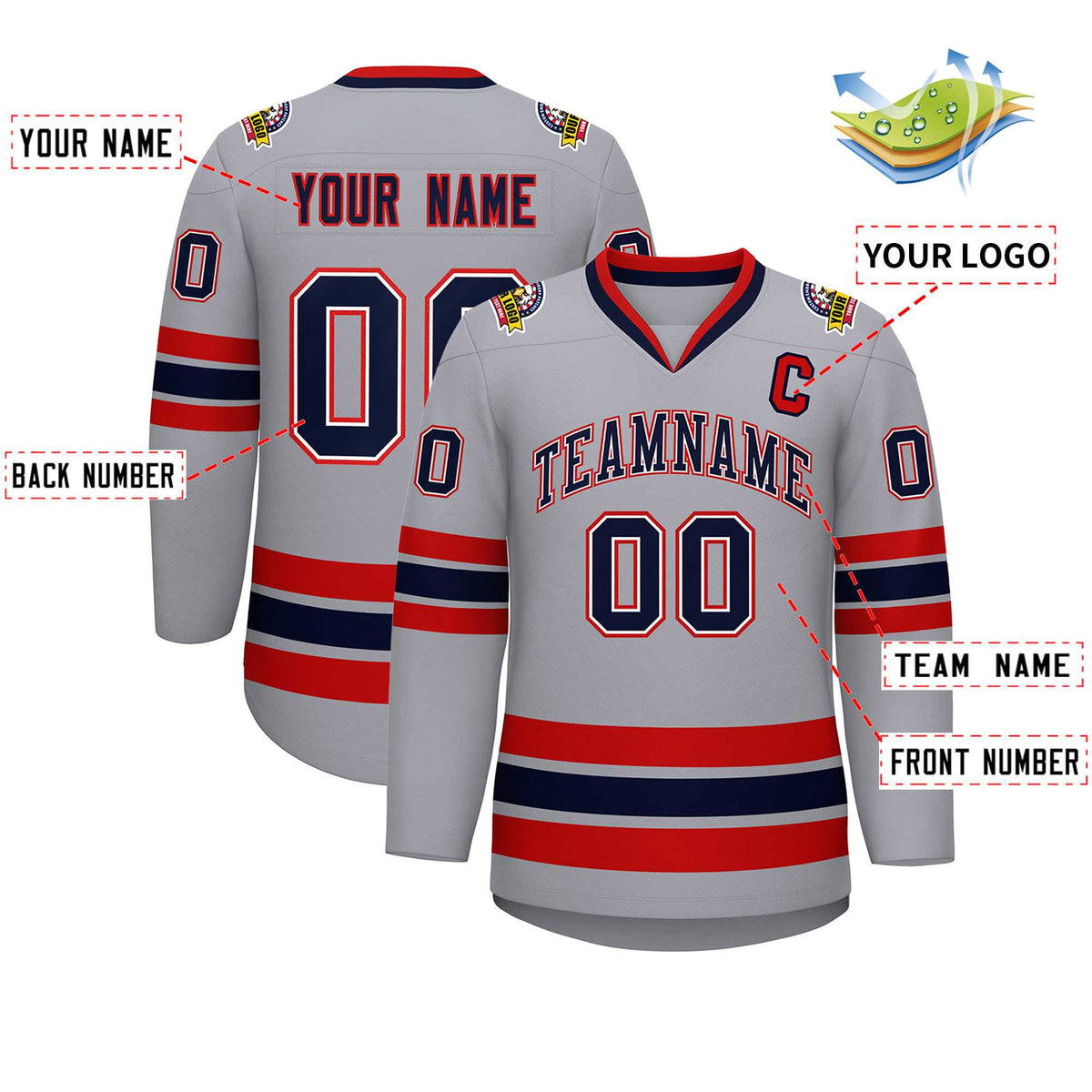 Custom Gray Navy White-Red Classic Style Hockey Jersey | KXKSHOP