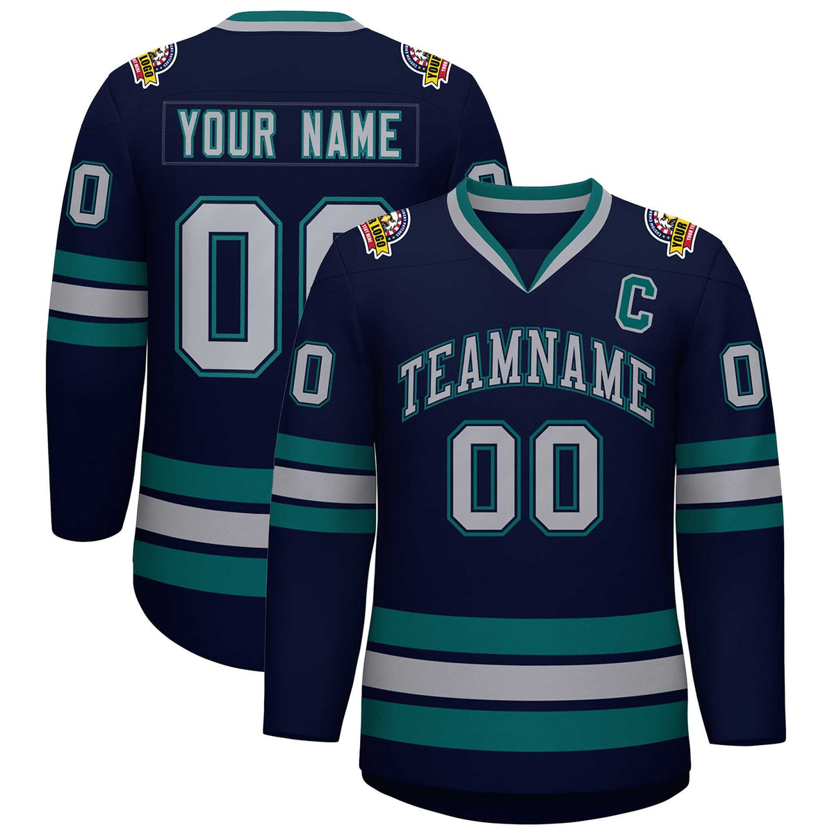 Custom Navy Gray Navy-Aqua Classic Style Hockey Jersey | KXKSHOP