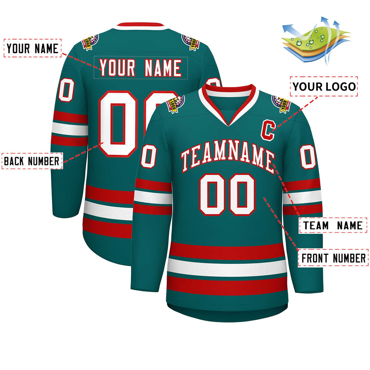 Custom Aqua White-Red Classic Style Hockey Jersey | KXKSHOP