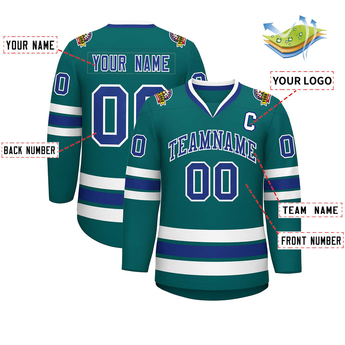 Custom Aqua Royal-White Classic Style Hockey Jersey | KXKSHOP