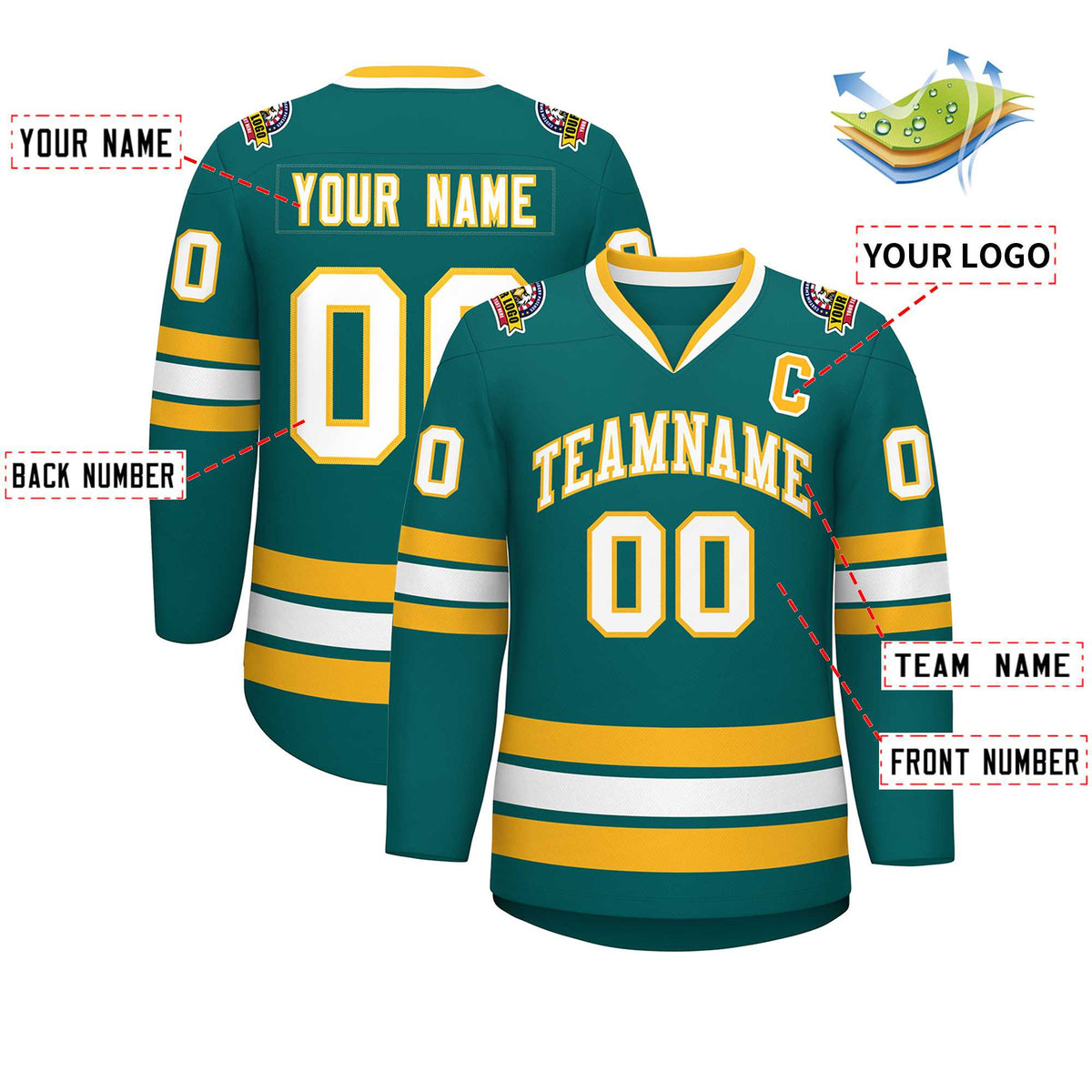 Custom Aqua White-Gold Classic Style Hockey Jersey | KXKSHOP