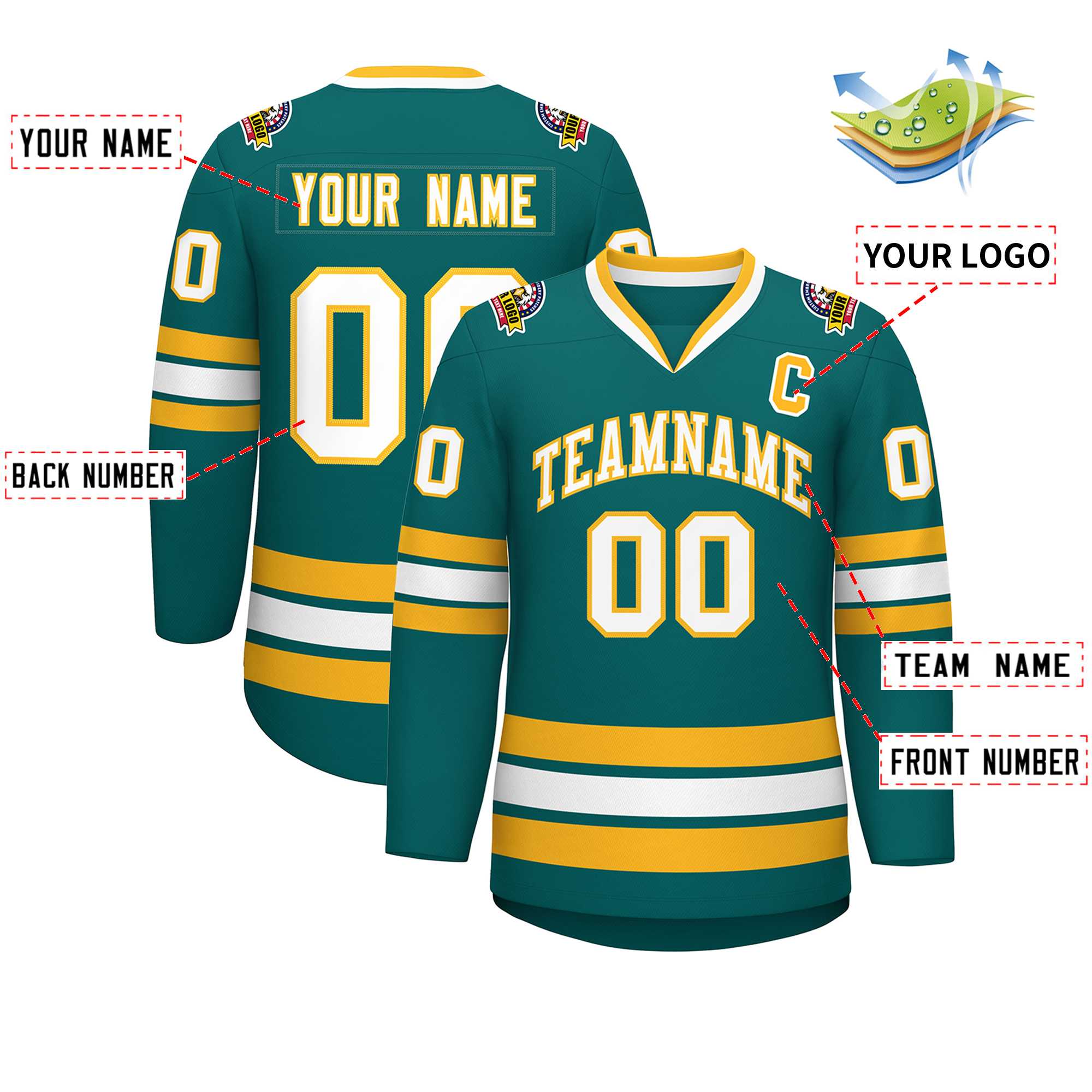 Custom Aqua White-Gold Classic Style Hockey Jersey | KXKSHOP