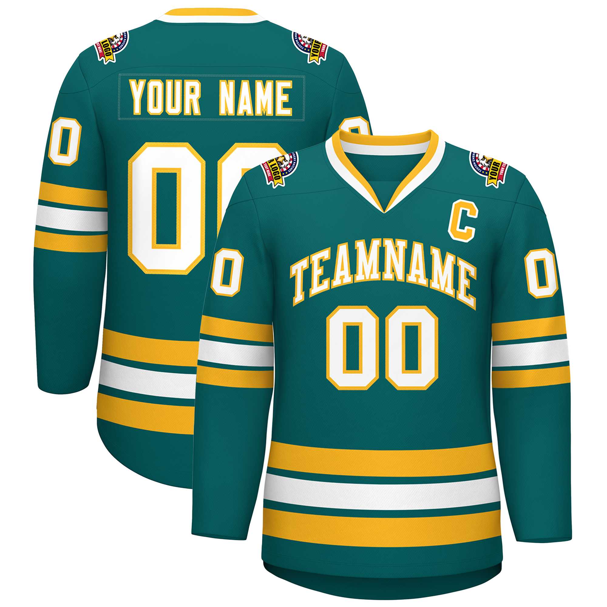 Custom Aqua White-Gold Classic Style Hockey Jersey | KXKSHOP