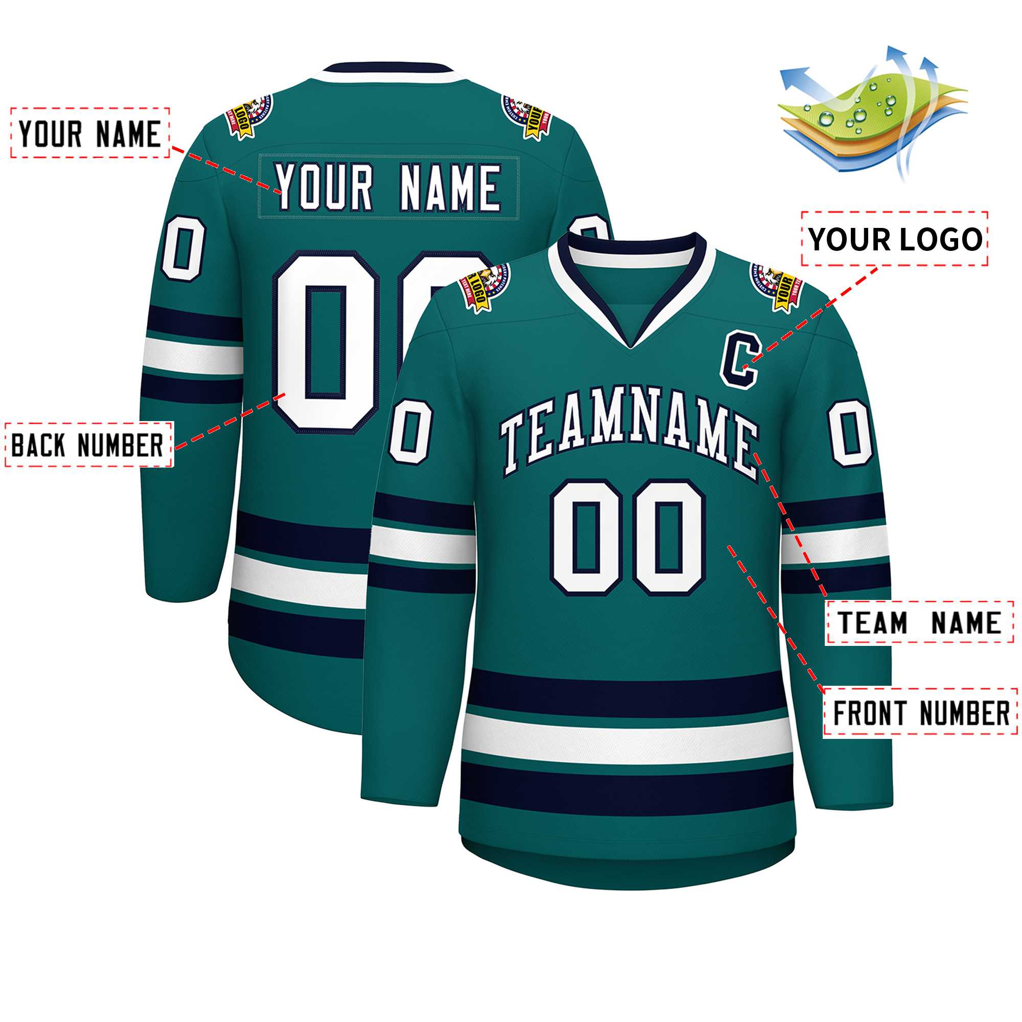 Custom Aqua White-Navy Classic Style Hockey Jersey | KXKSHOP