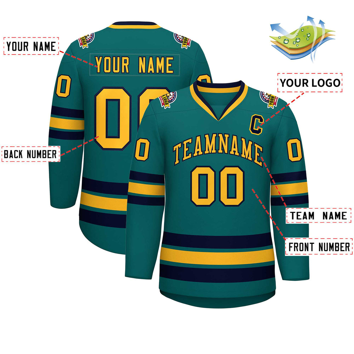Custom Aqua Gold-Navy Classic Style Hockey Jersey | KXKSHOP