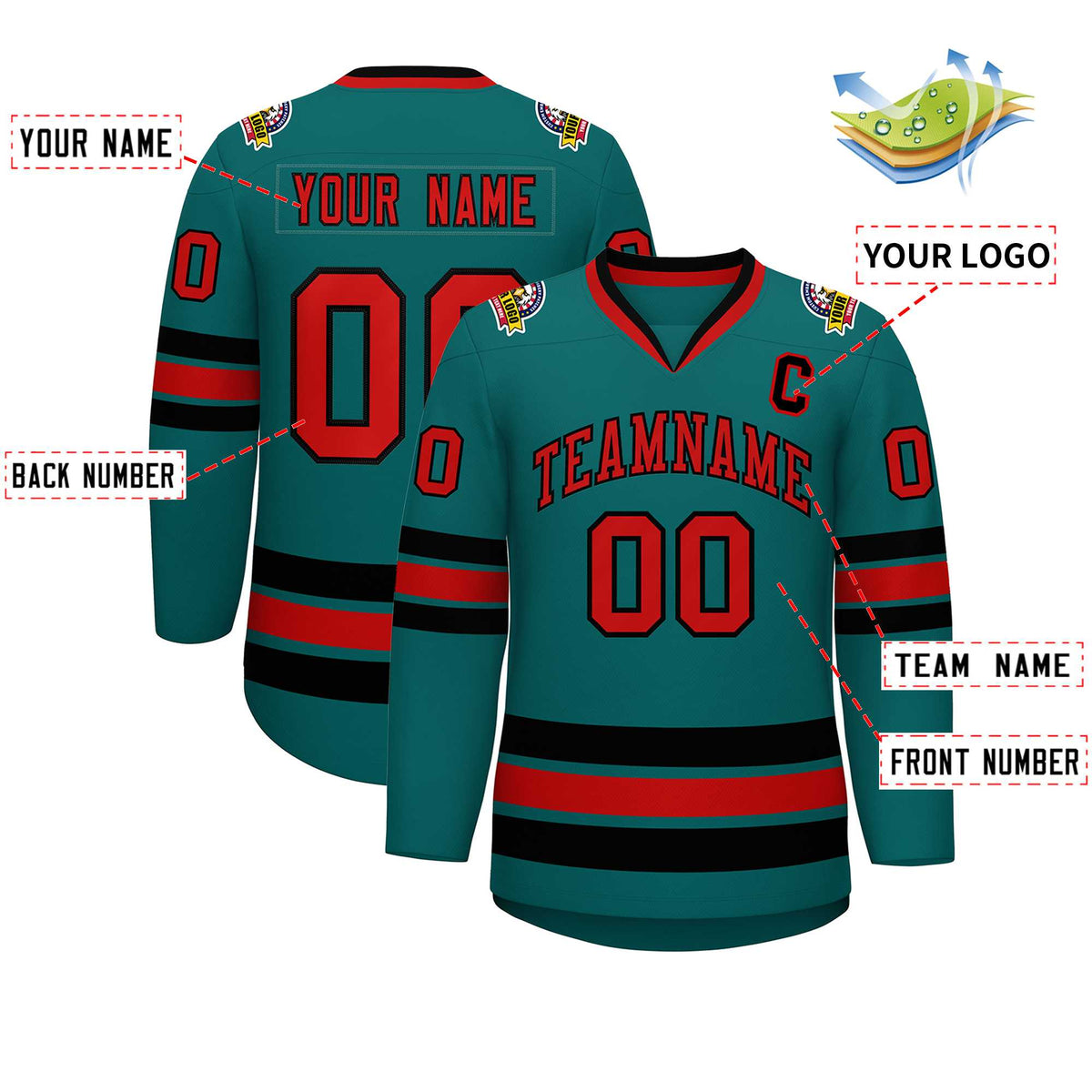 Custom Aqua Red-Black Classic Style Hockey Jersey | KXKSHOP