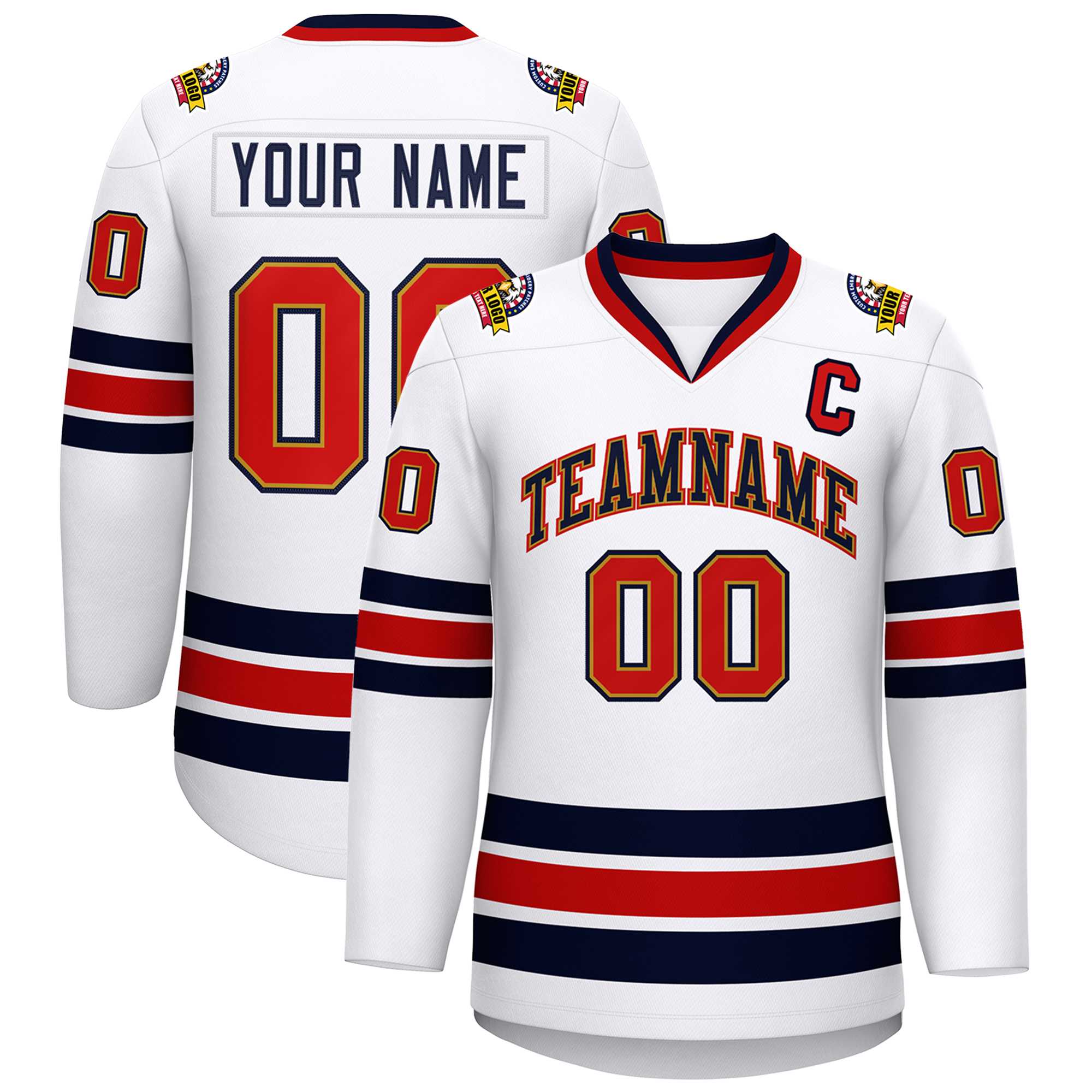 Custom White Navy Old Gold-Red Classic Style Hockey Jersey | KXKSHOP