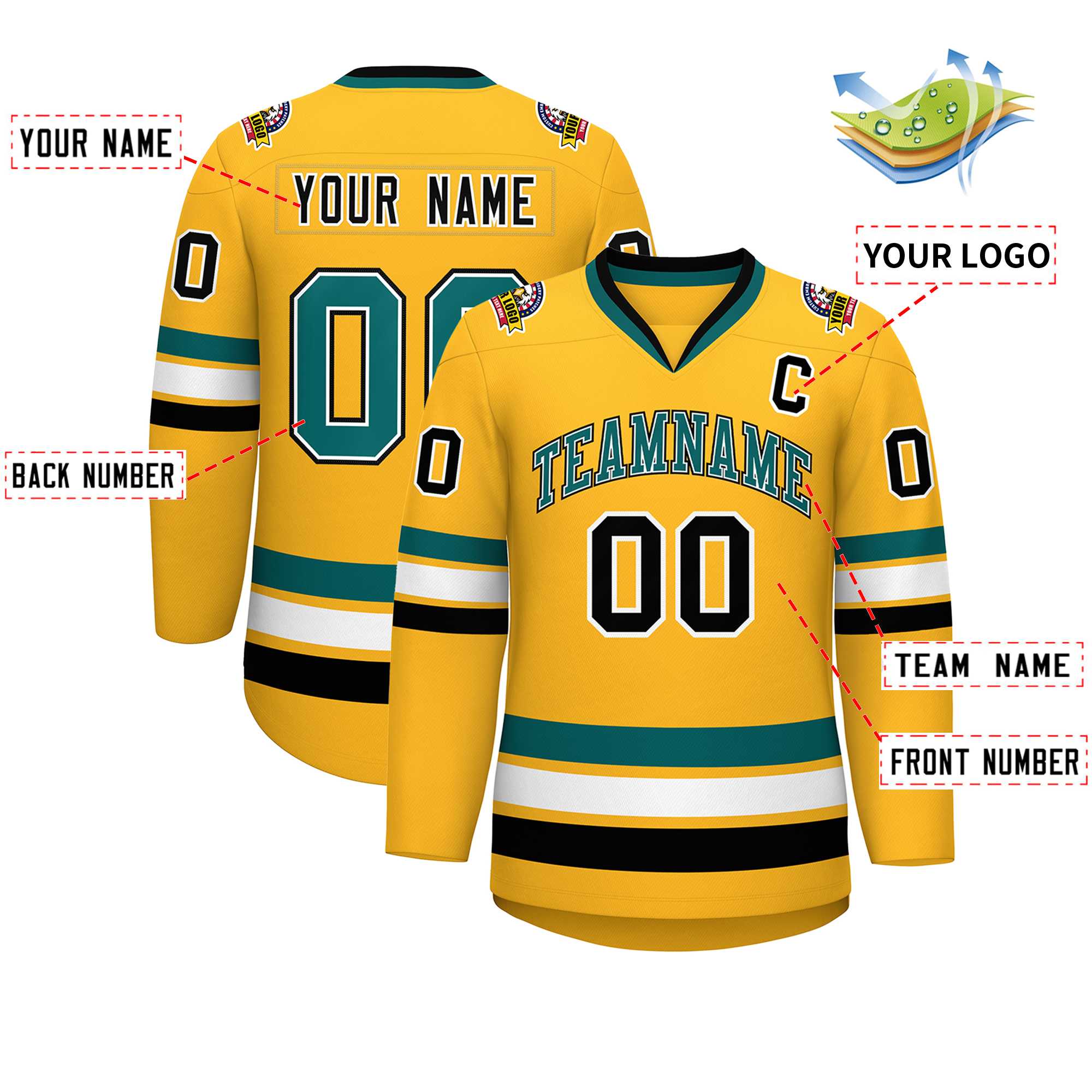Custom Gold Aqua White-Black Classic Style Hockey Jersey | KXKSHOP