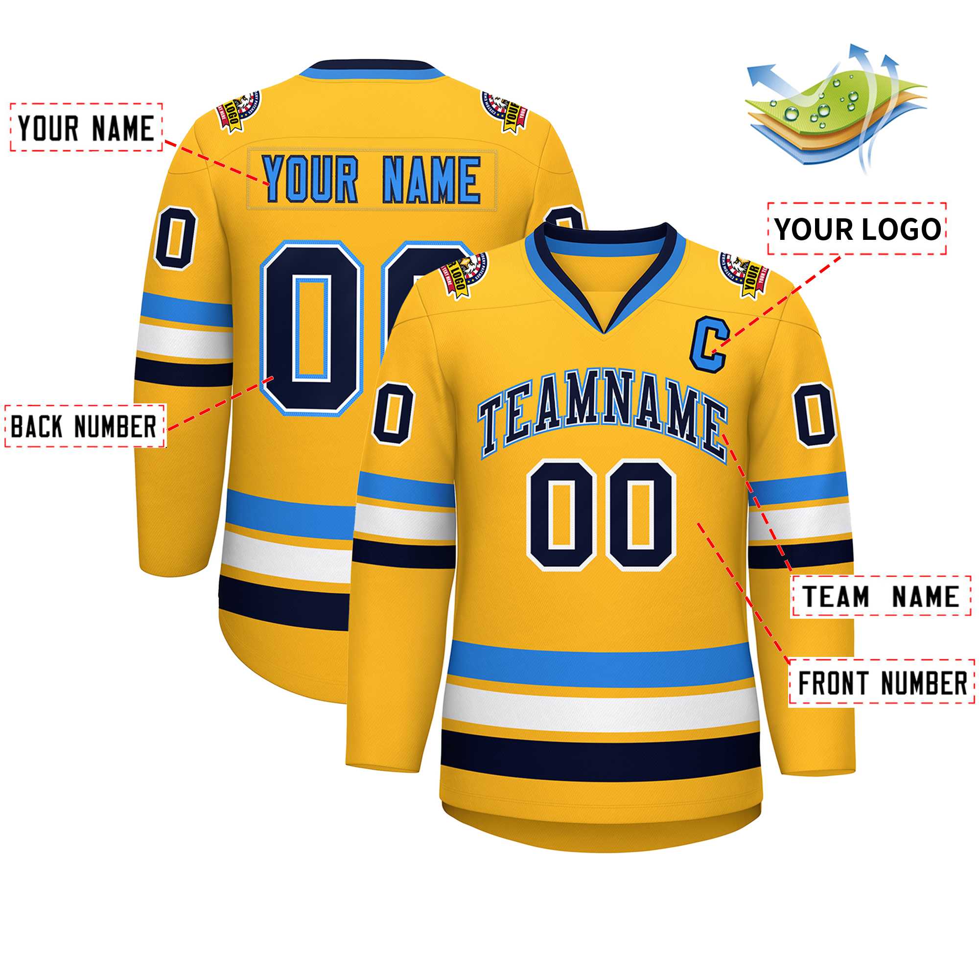 Custom Gold Navy White-Powder Blue Classic Style Hockey Jersey | KXKSHOP