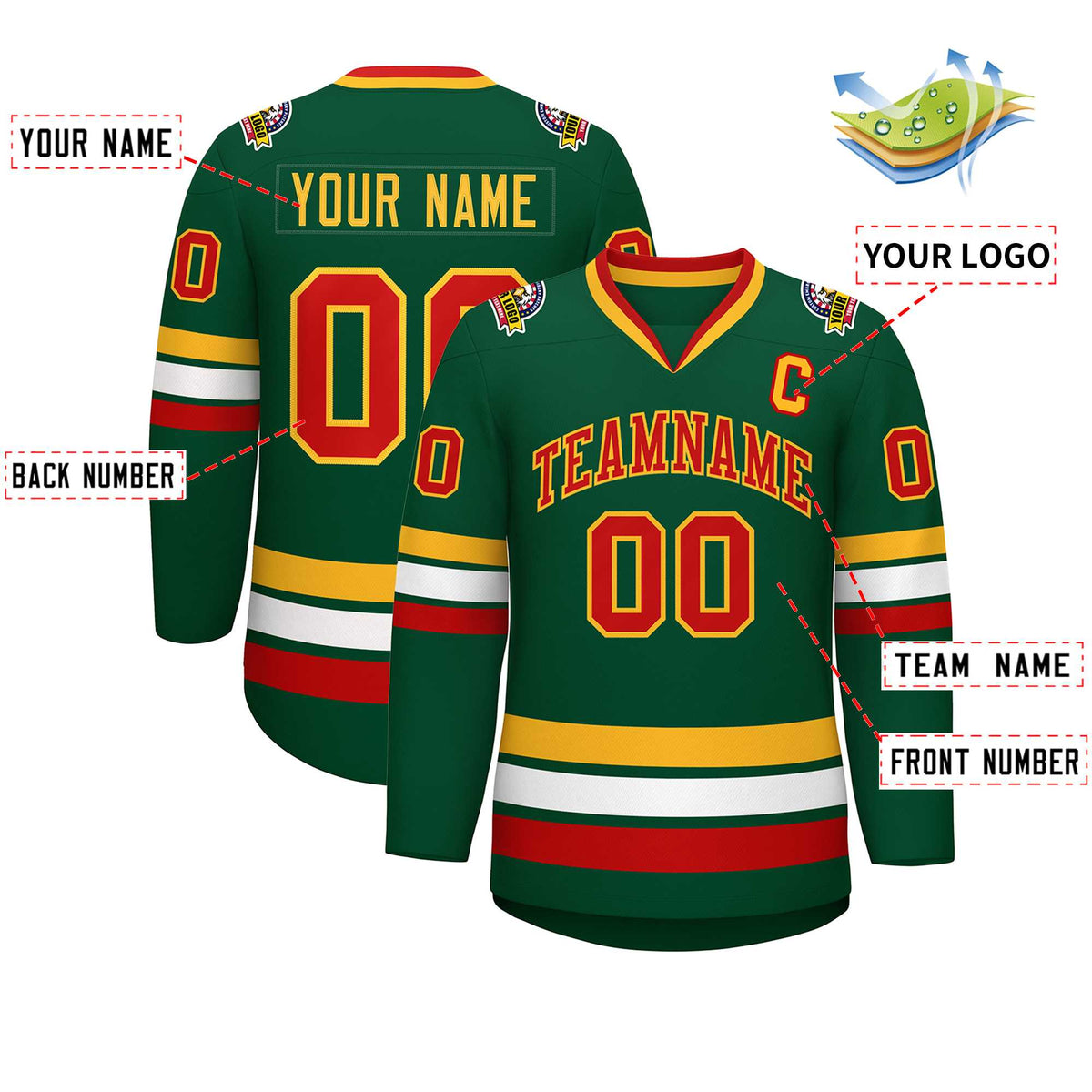 Custom Green Red-Gold Classic Style Hockey Jersey | KXKSHOP