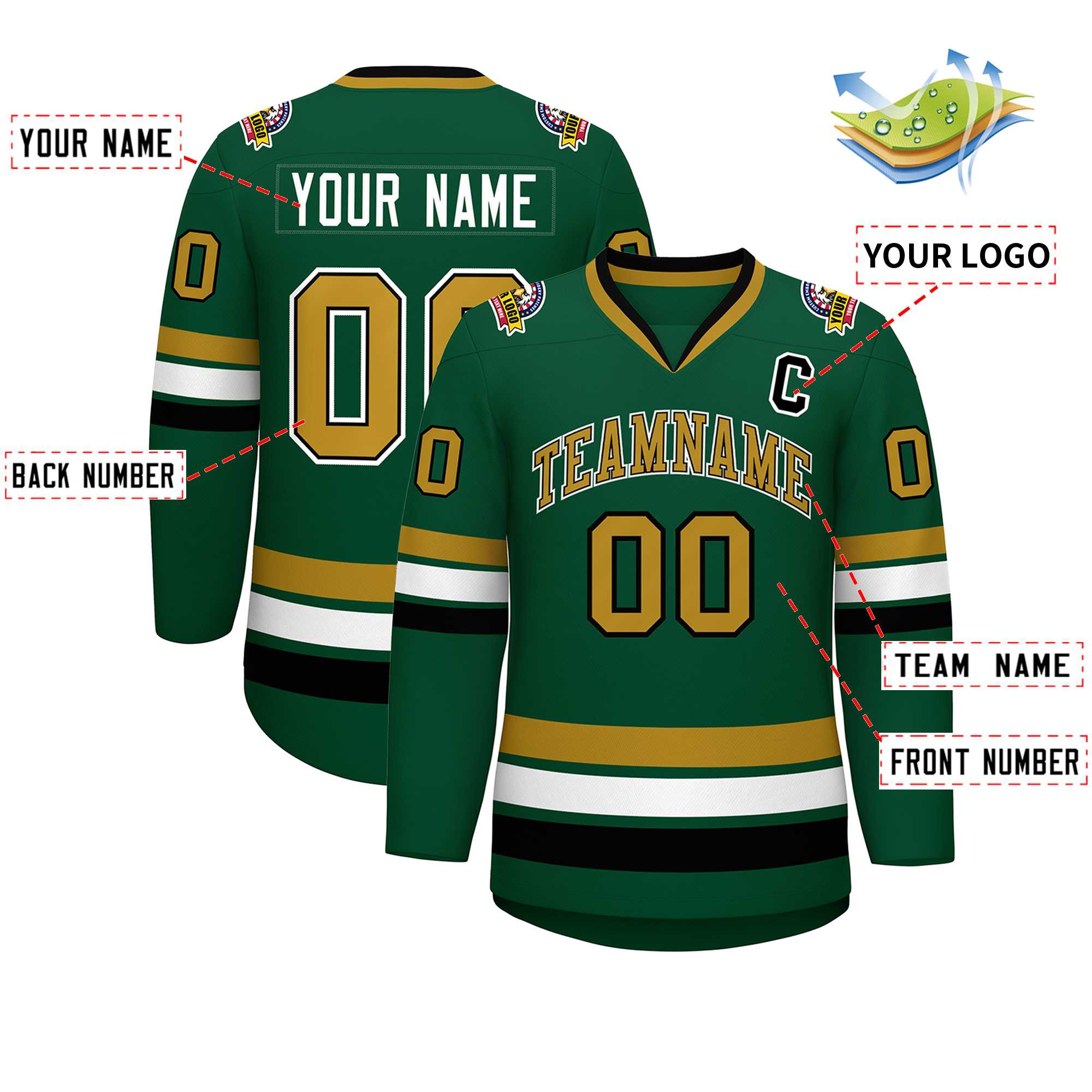 Custom Green Old Gold Black-White Classic Style Hockey Jersey | KXKSHOP
