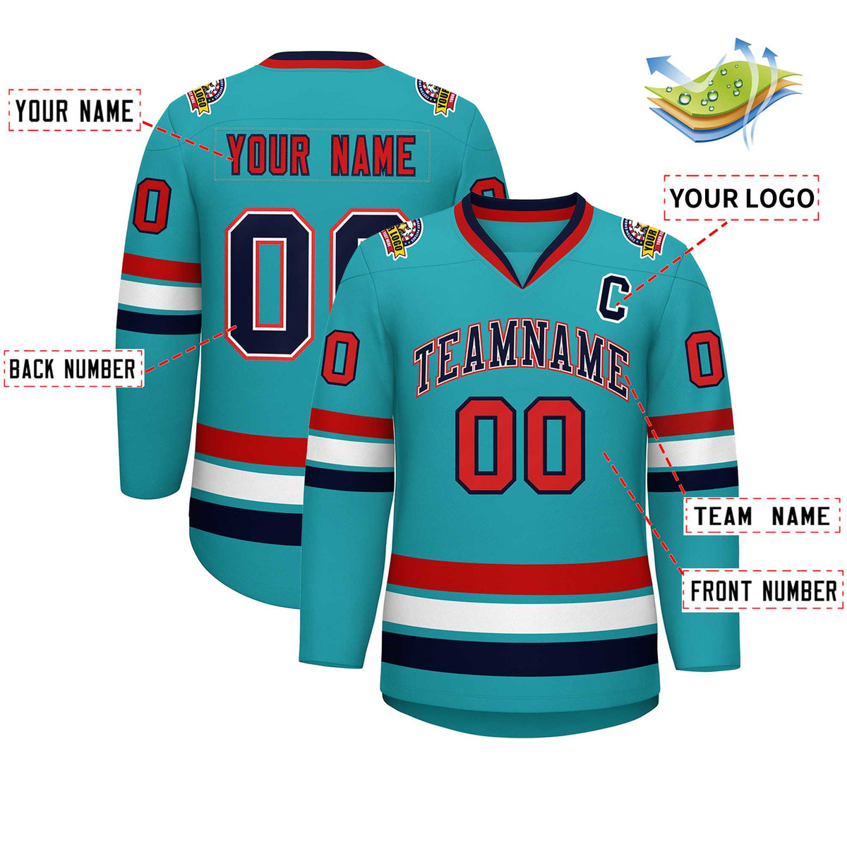 Custom Aqua Navy White-Red Classic Style Hockey Jersey | KXKSHOP