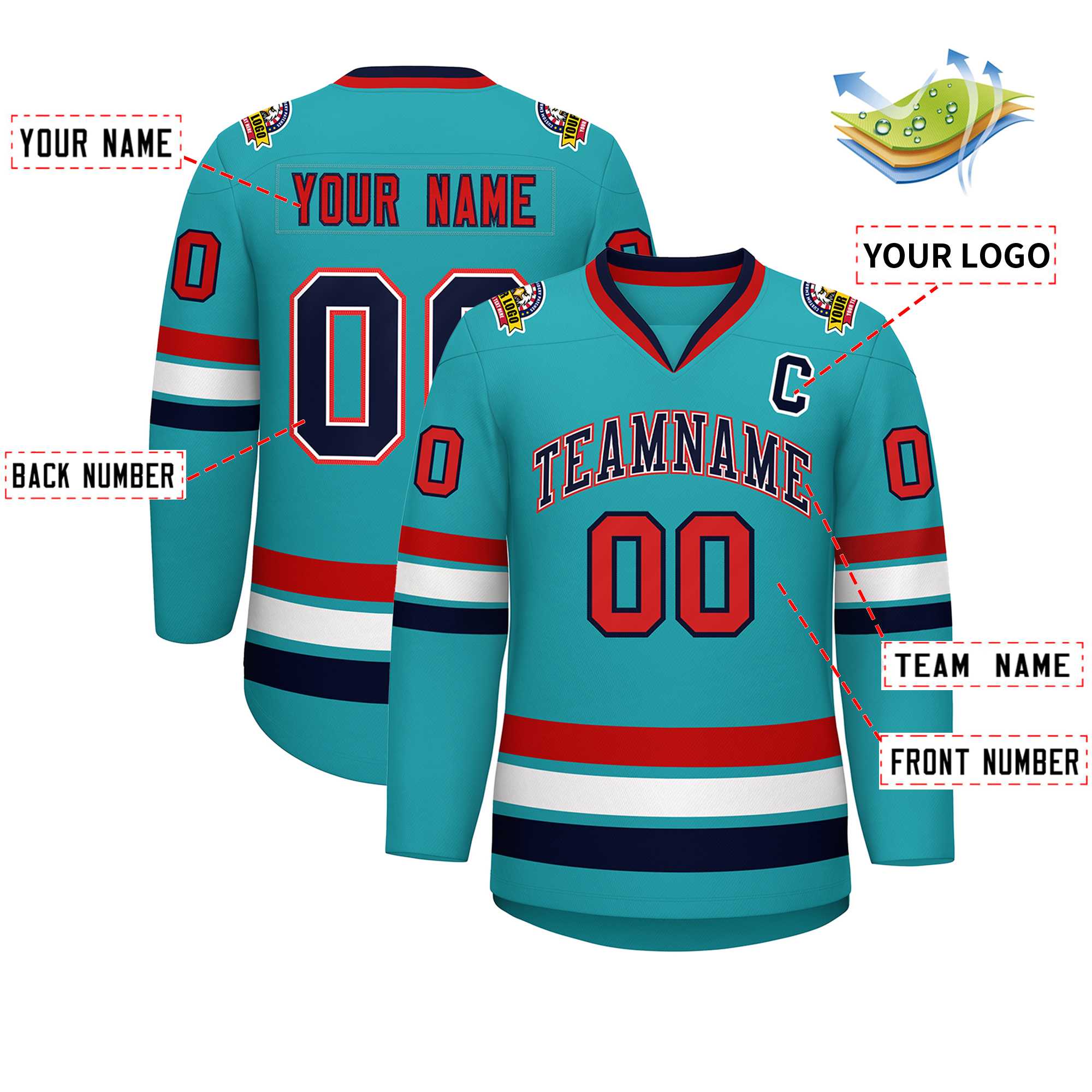 Custom Aqua Navy White-Red Classic Style Hockey Jersey | KXKSHOP