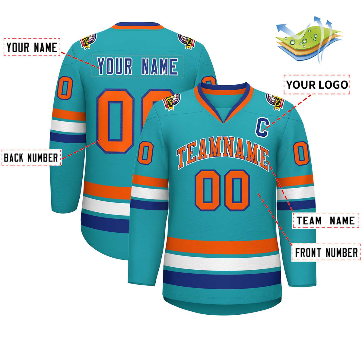 Custom Aqua Orange Royal-White Classic Style Hockey Jersey | KXKSHOP
