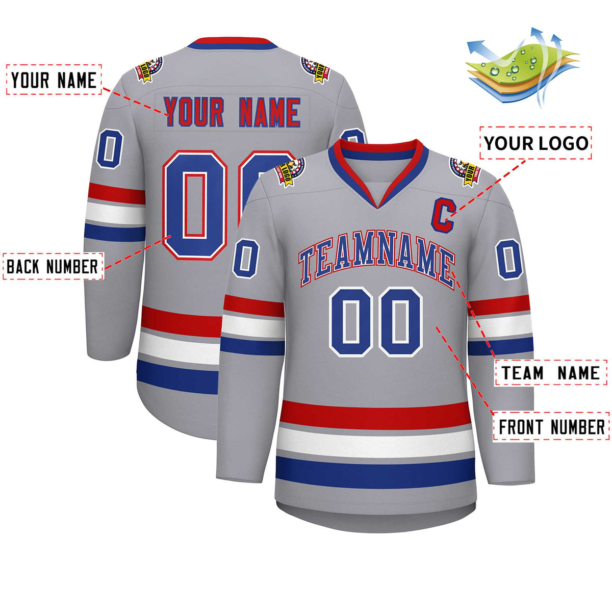 Custom Gray Royal White-Red Classic Style Hockey Jersey | KXKSHOP