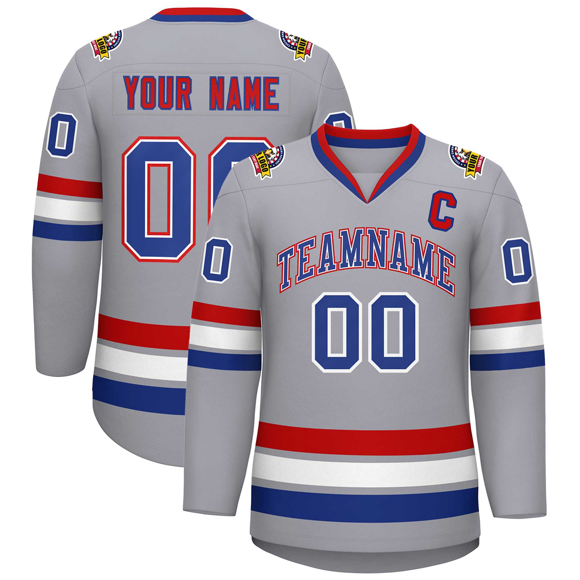 Custom Gray Royal White-Red Classic Style Hockey Jersey | KXKSHOP