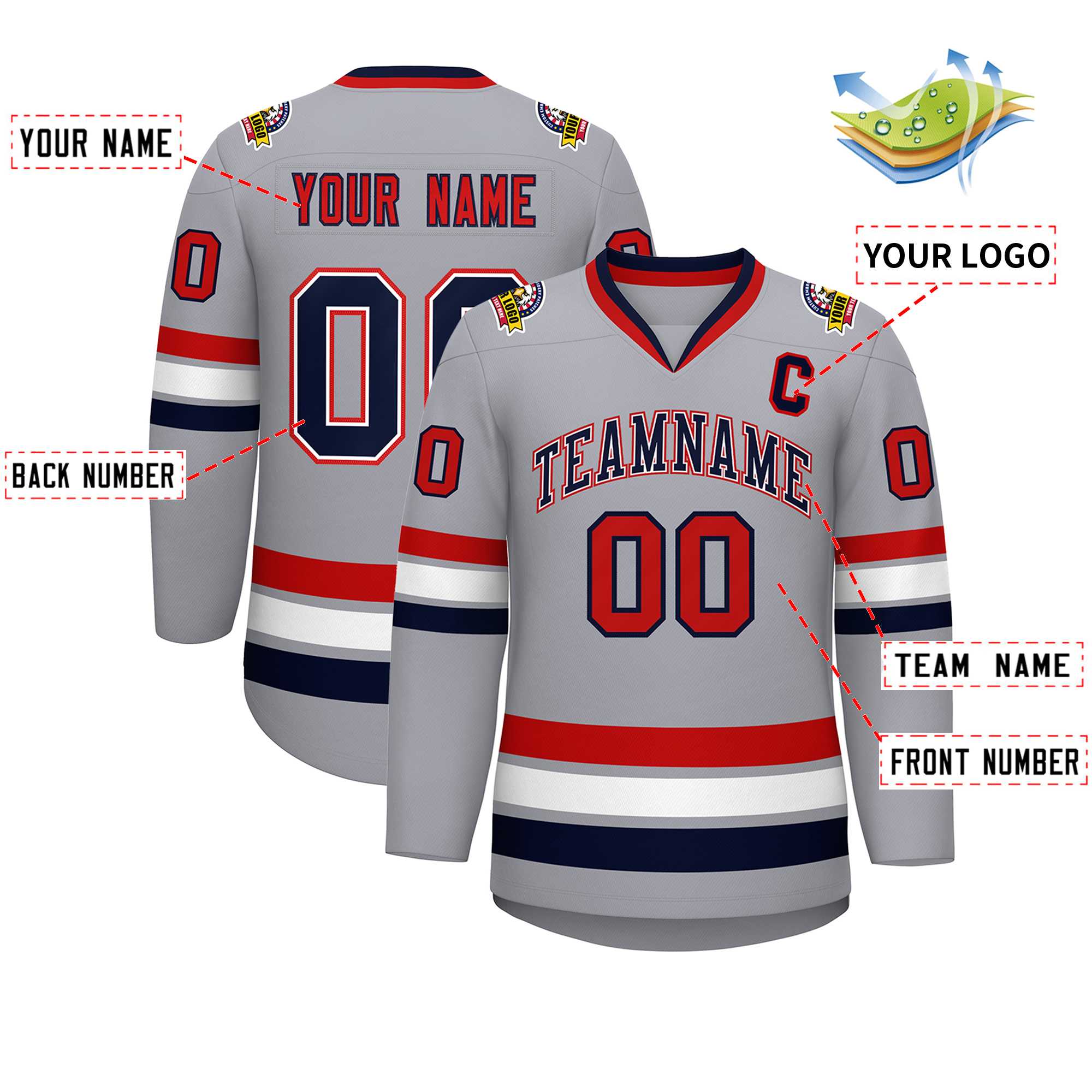 Custom Gray Navy White-Red Classic Style Hockey Jersey | KXKSHOP