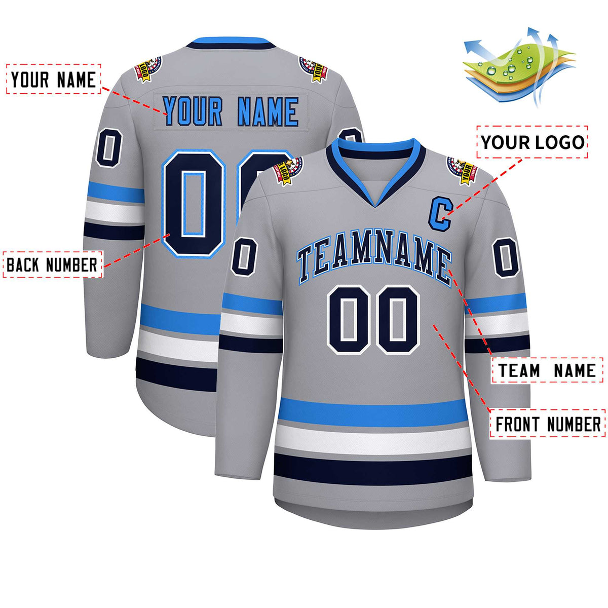 Custom Gray Navy White-Powder Blue Classic Style Hockey Jersey | KXKSHOP
