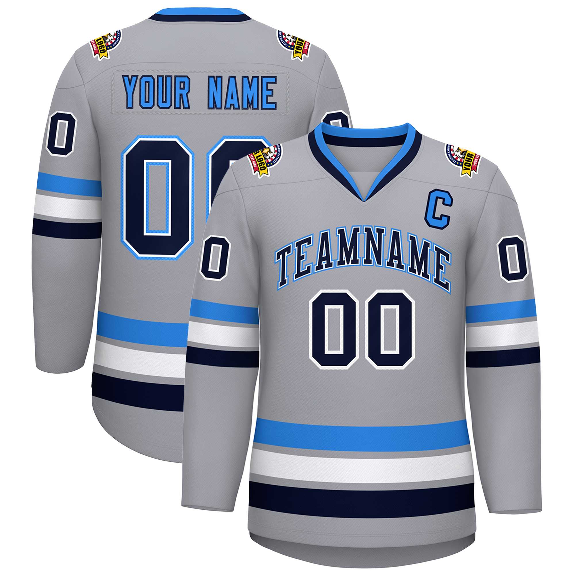Custom Gray Navy White-Powder Blue Classic Style Hockey Jersey | KXKSHOP