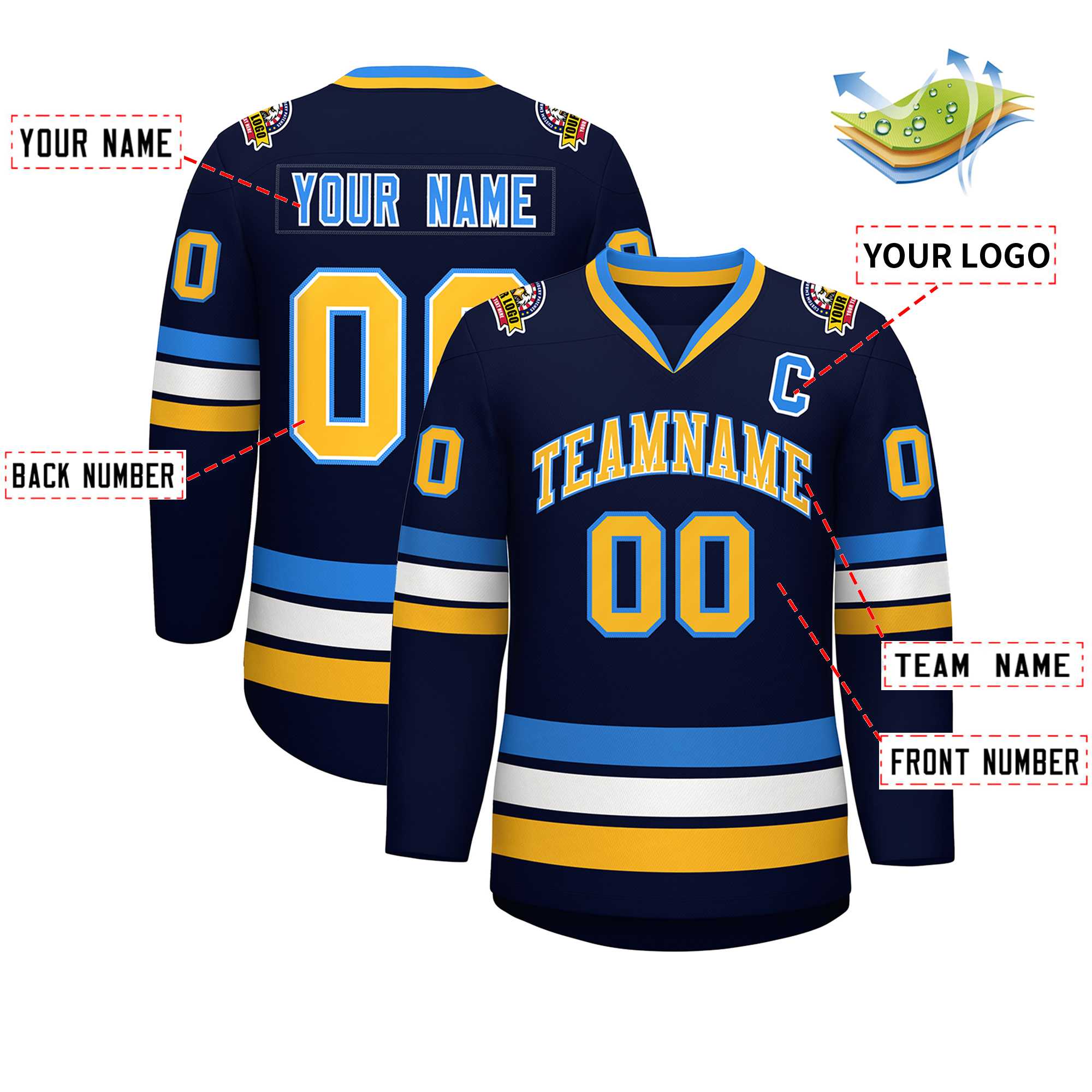 Custom Navy Gold White-Powder Blue Classic Style Hockey Jersey | KXKSHOP