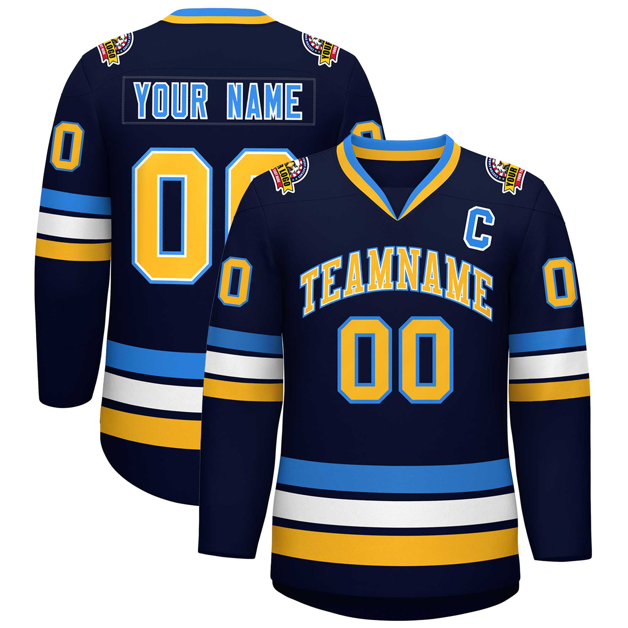 Custom Navy Gold White-Powder Blue Classic Style Hockey Jersey | KXKSHOP