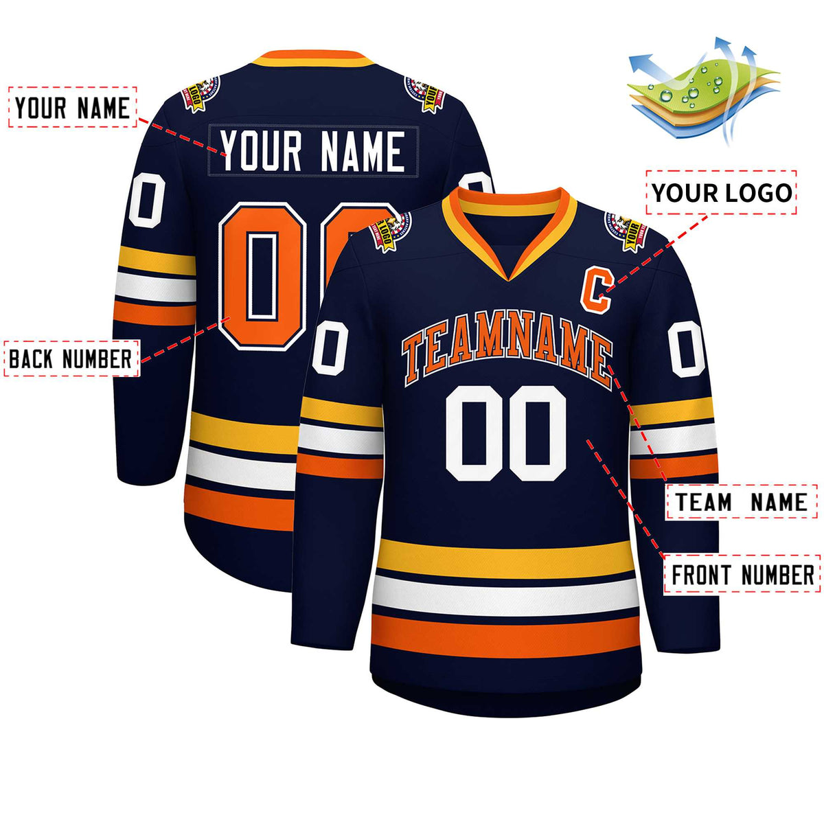 Custom Navy Orange Navy-White Classic Style Hockey Jersey | KXKSHOP