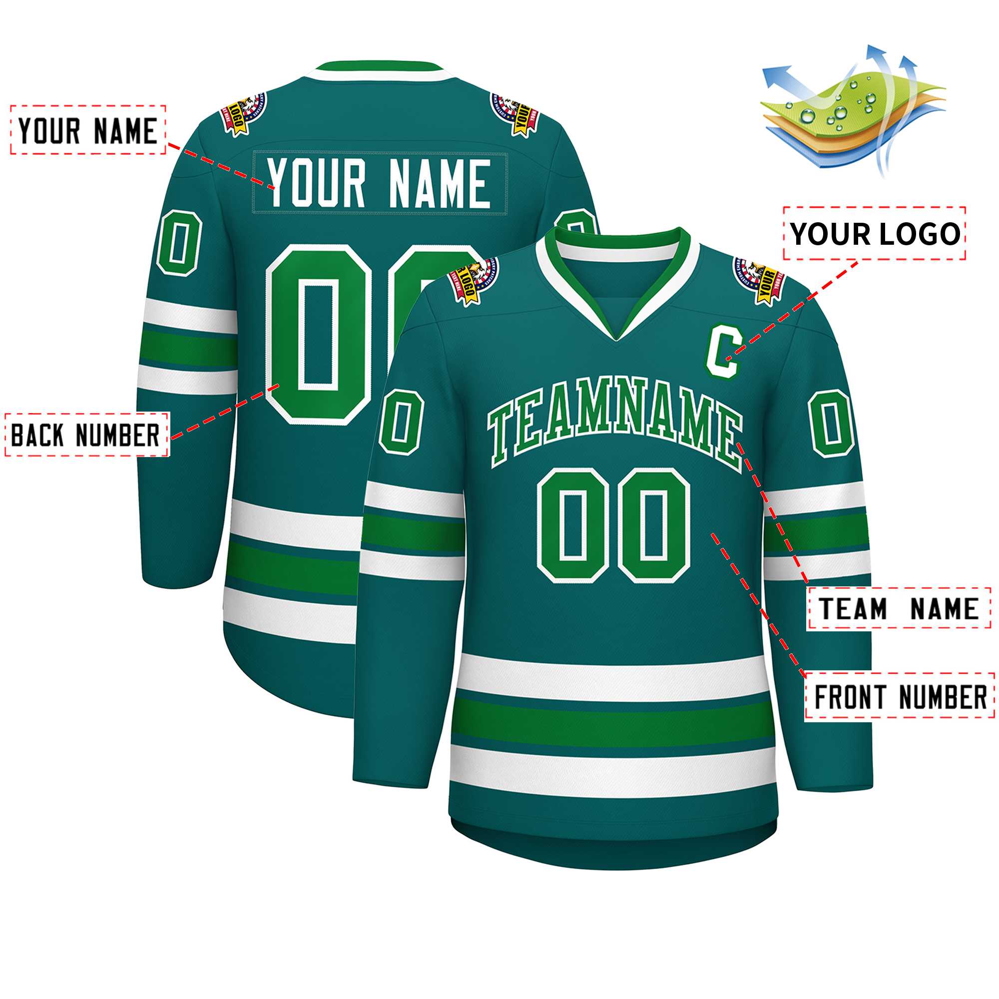 Custom Aqua Kelly Green-White Classic Style Hockey Jersey | KXKSHOP