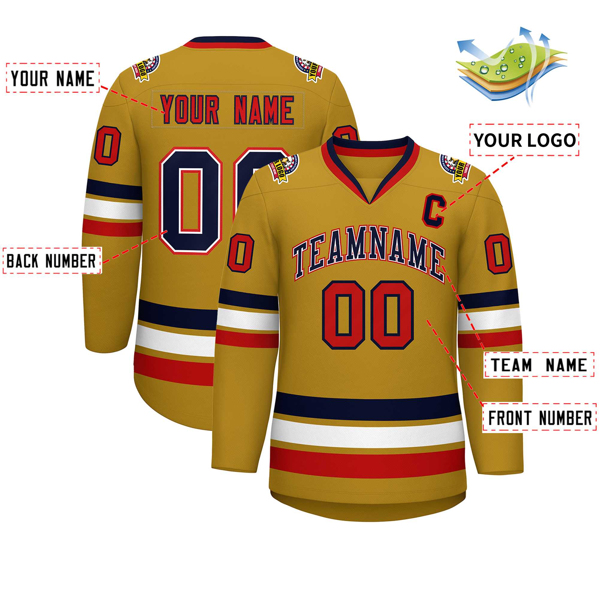 Custom Old Gold Navy White-Red Classic Style Hockey Jersey | KXKSHOP
