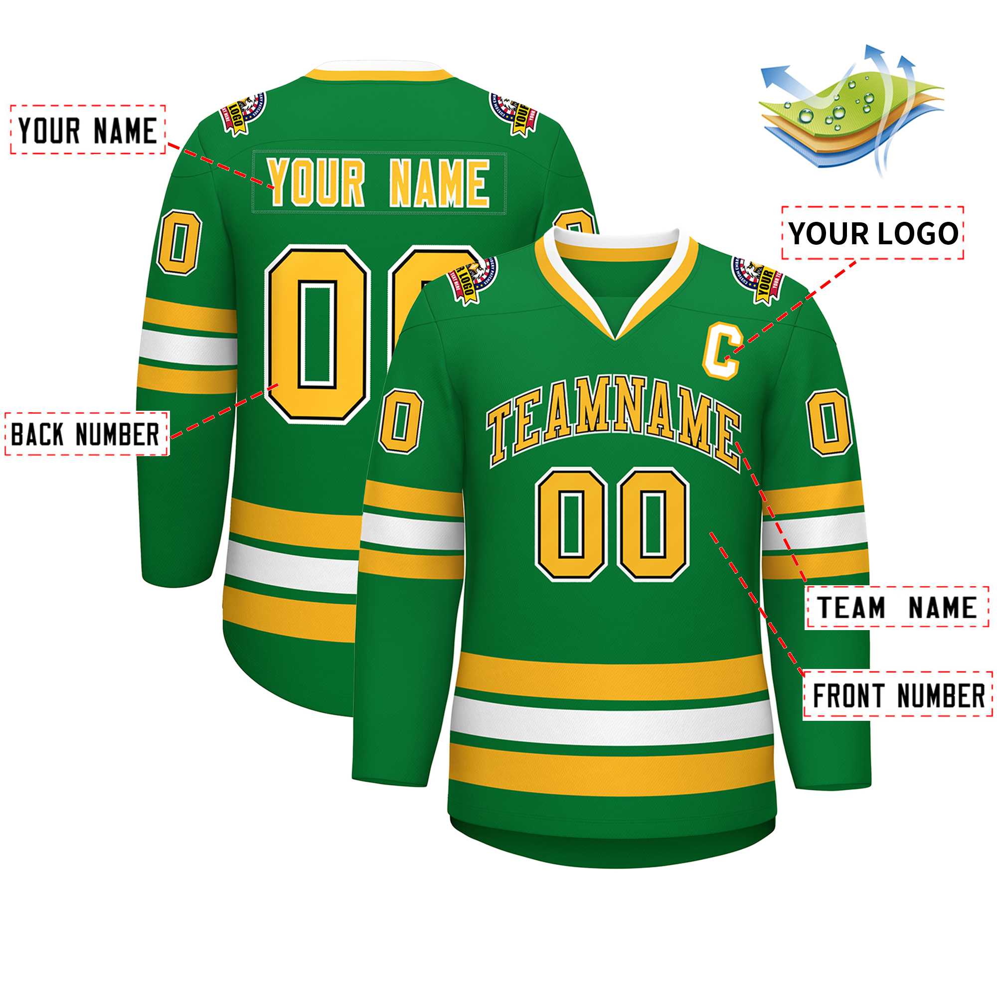 Custom Kelly Green Gold Black-White Classic Style Hockey Jersey | KXKSHOP