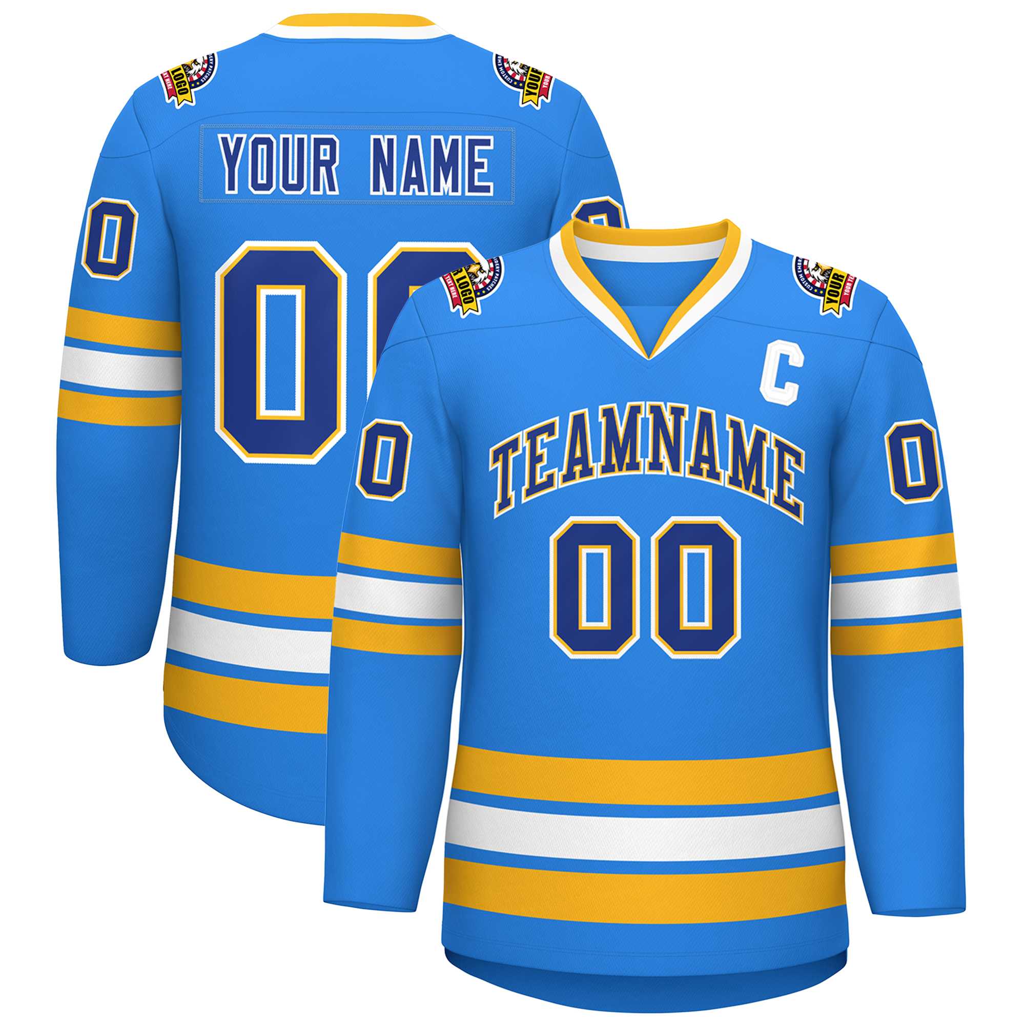 Custom Powder Blue Royal Gold-White Classic Style Hockey Jersey | KXKSHOP