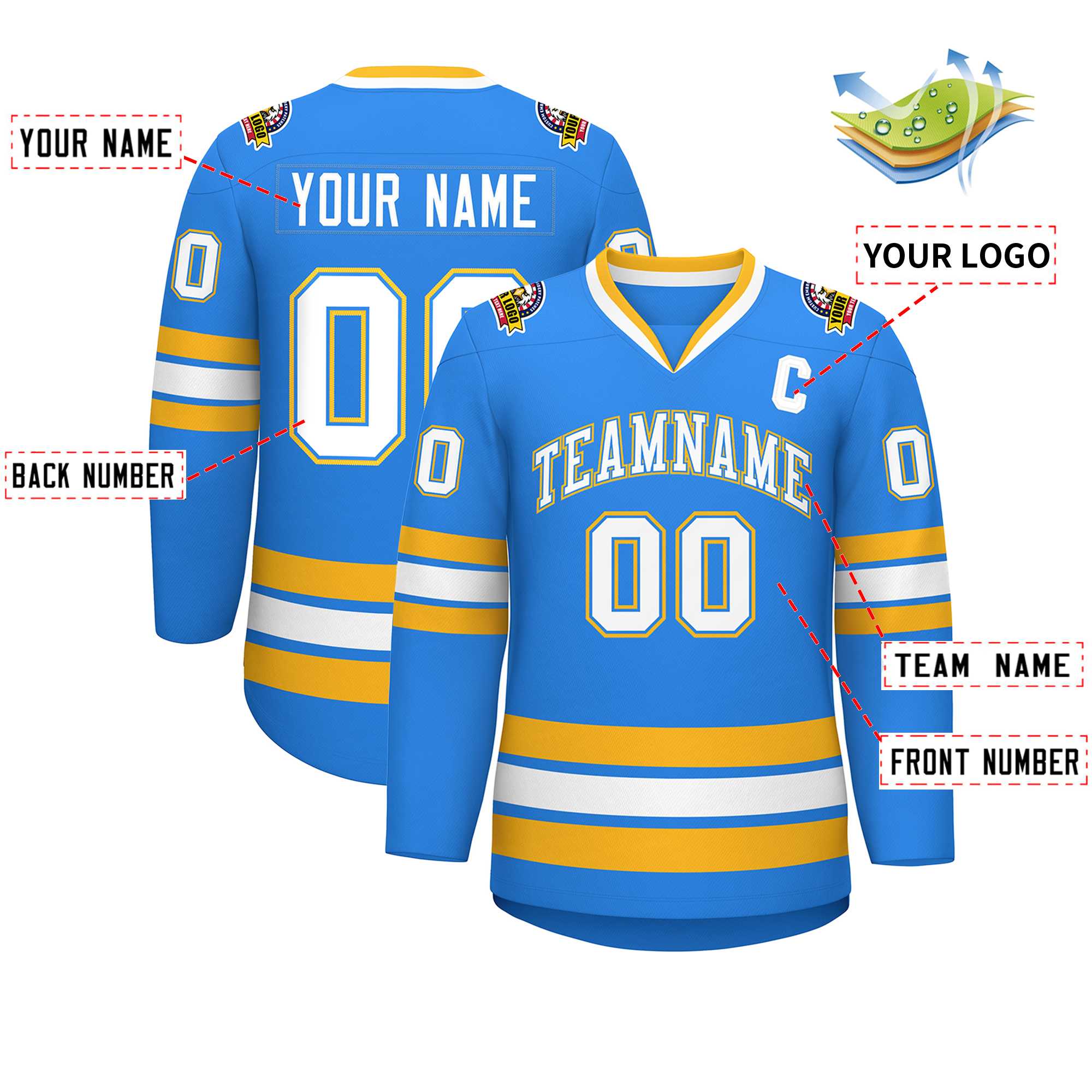 Custom Powder Blue White Powder Blue-Gold Classic Style Hockey Jersey | KXKSHOP