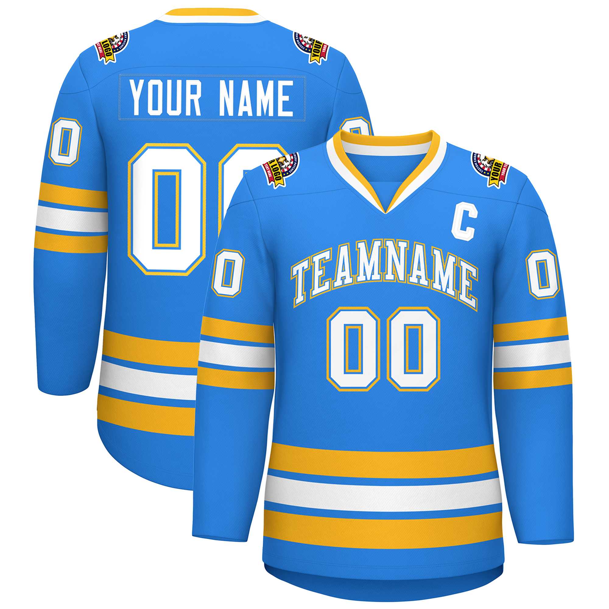 Custom Powder Blue White Powder Blue-Gold Classic Style Hockey Jersey | KXKSHOP