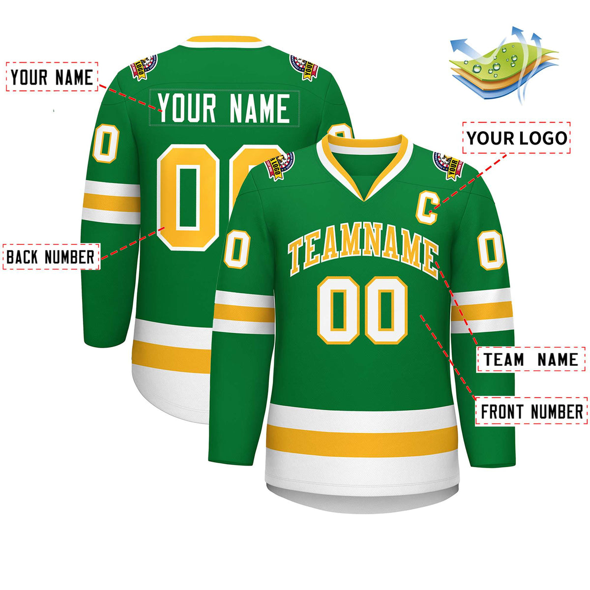 Custom Kelly Green Gold-White Classic Style Hockey Jersey | KXKSHOP