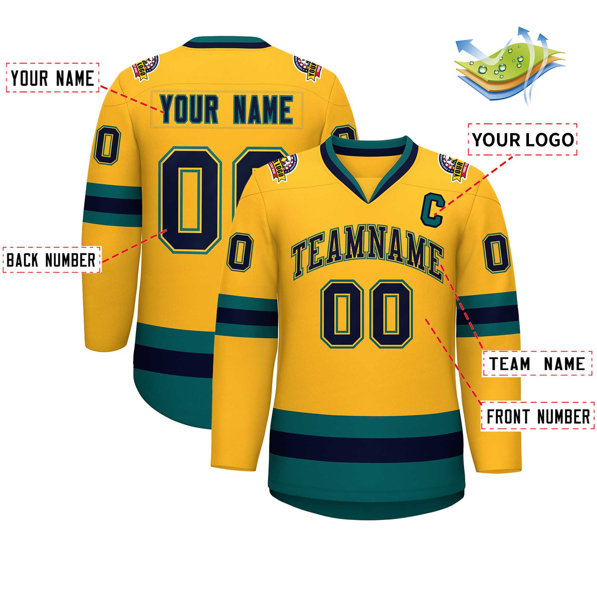 Custom Gold Navy Gold-Aqua Classic Style Hockey Jersey | KXKSHOP