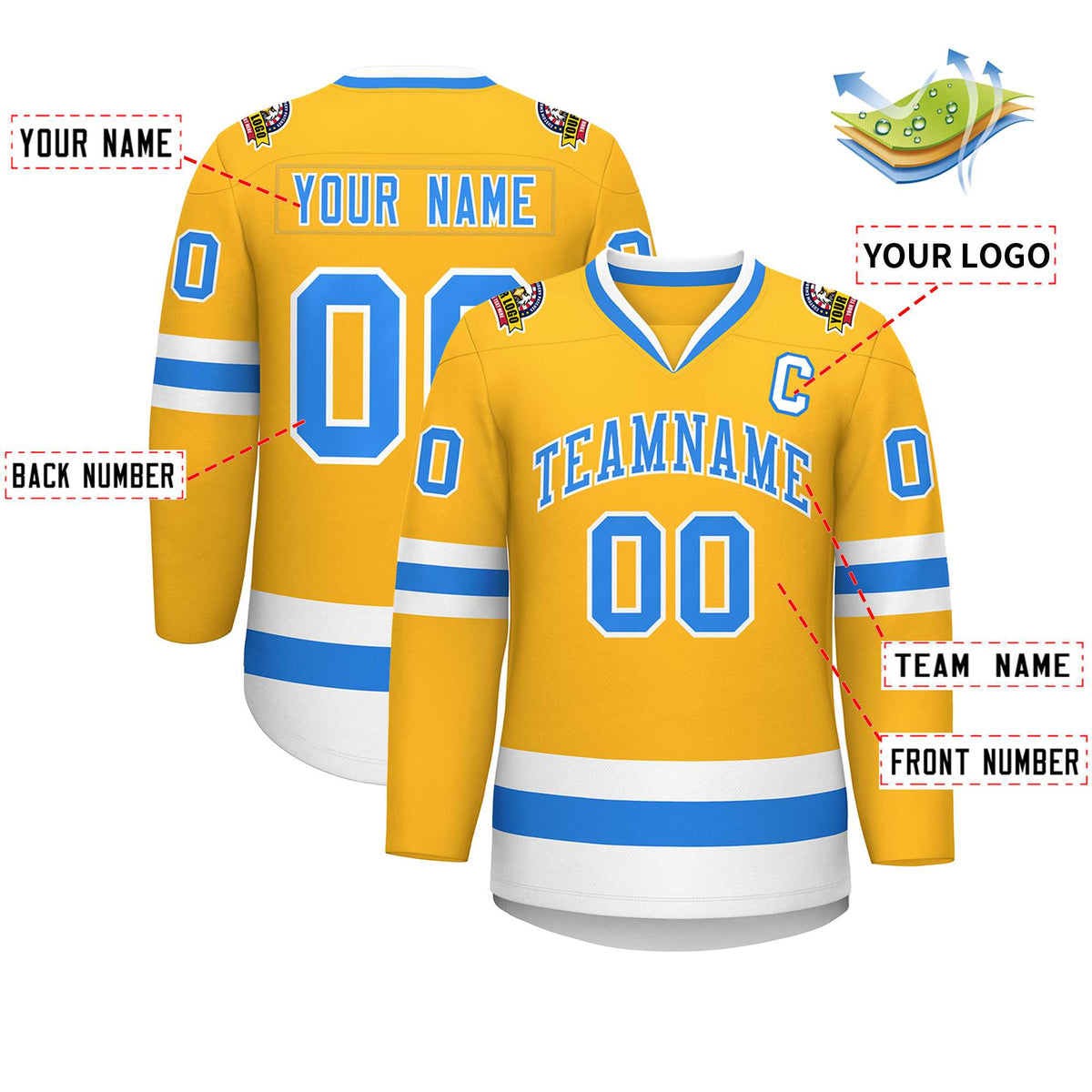 Custom Gold Powder Blue-White Classic Style Hockey Jersey | KXKSHOP