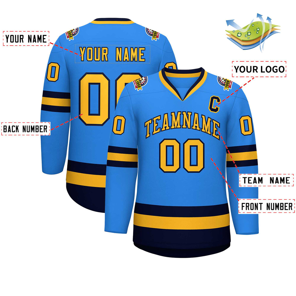 Custom Powder Blue Gold-Navy Classic Style Hockey Jersey | KXKSHOP