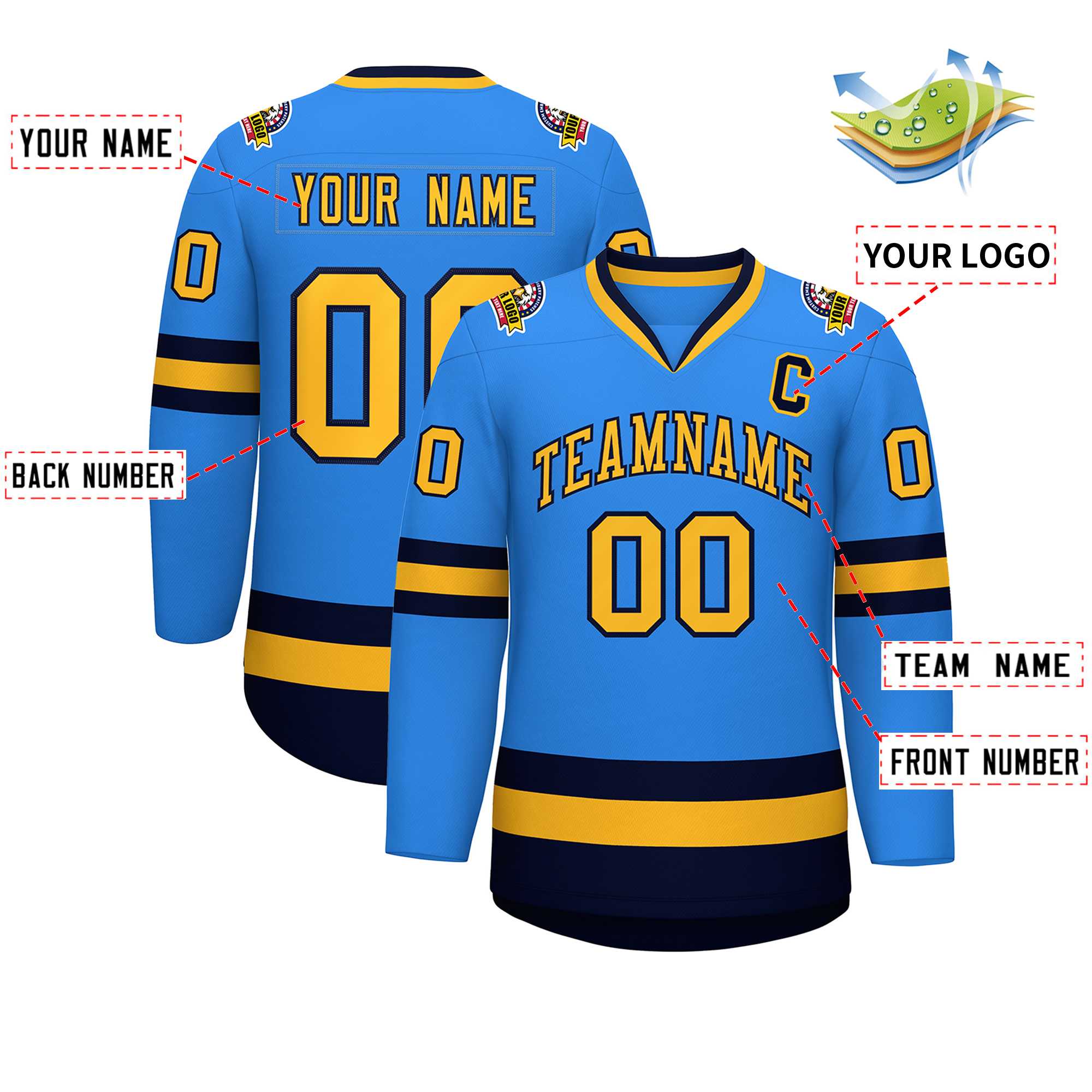 Custom Powder Blue Gold-Navy Classic Style Hockey Jersey | KXKSHOP