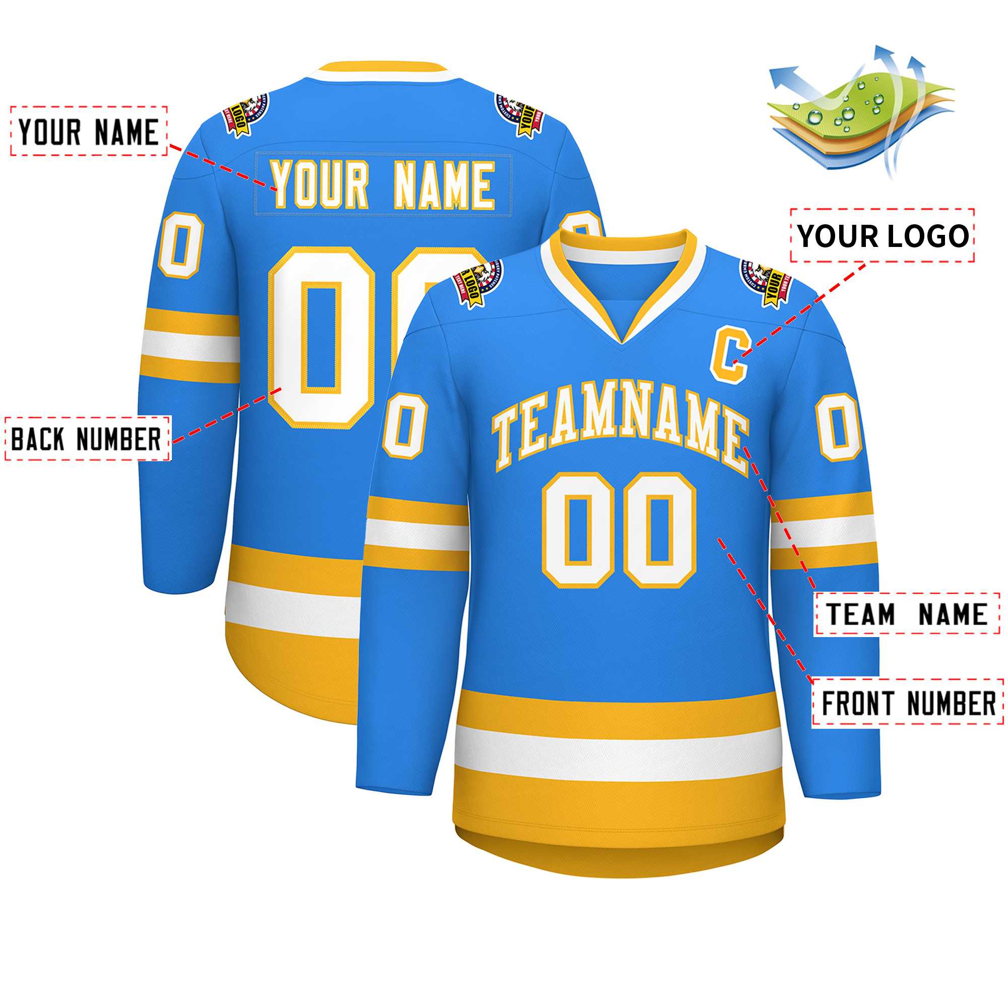 Custom Powder Blue White-Gold Classic Style Hockey Jersey | KXKSHOP