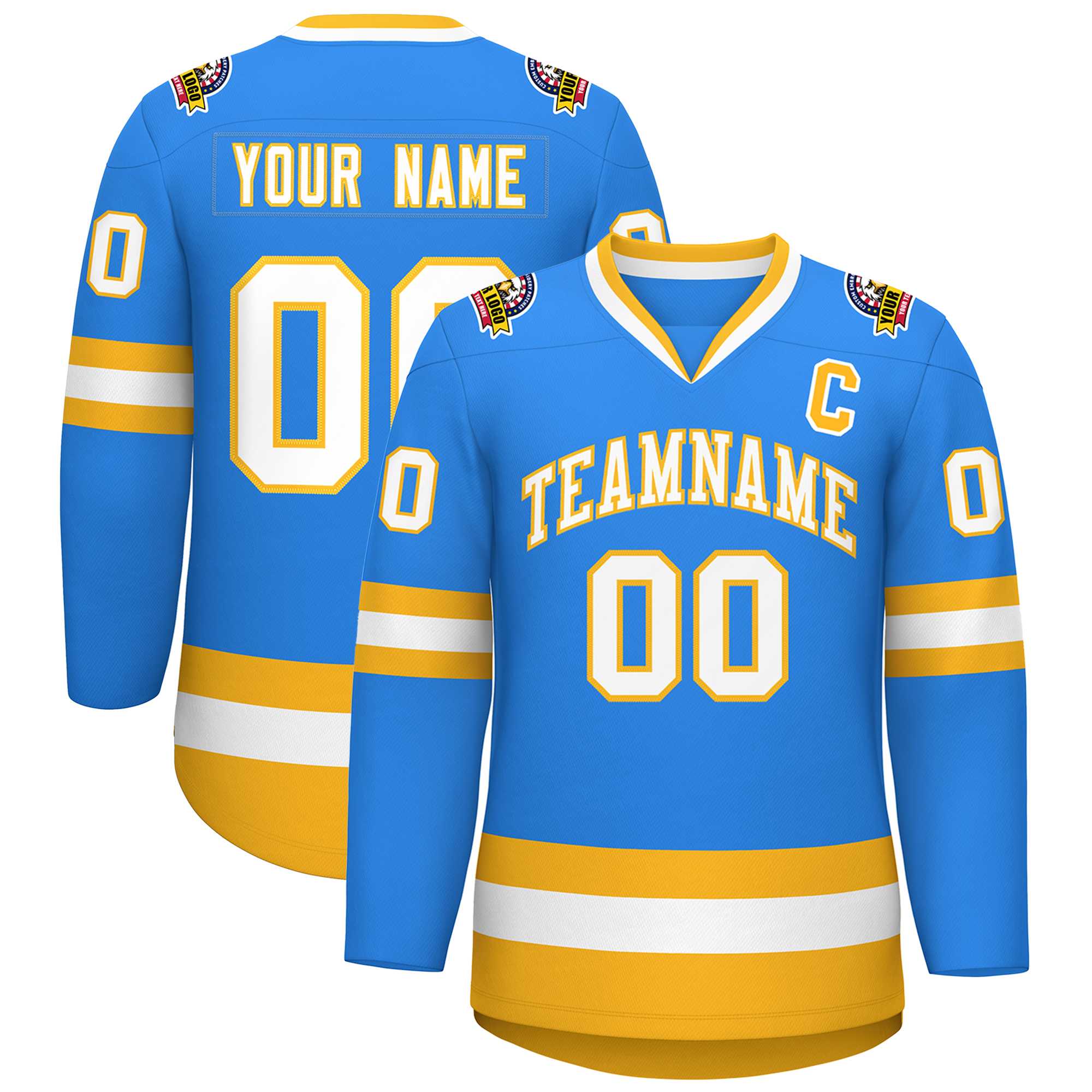 Custom Powder Blue White-Gold Classic Style Hockey Jersey | KXKSHOP