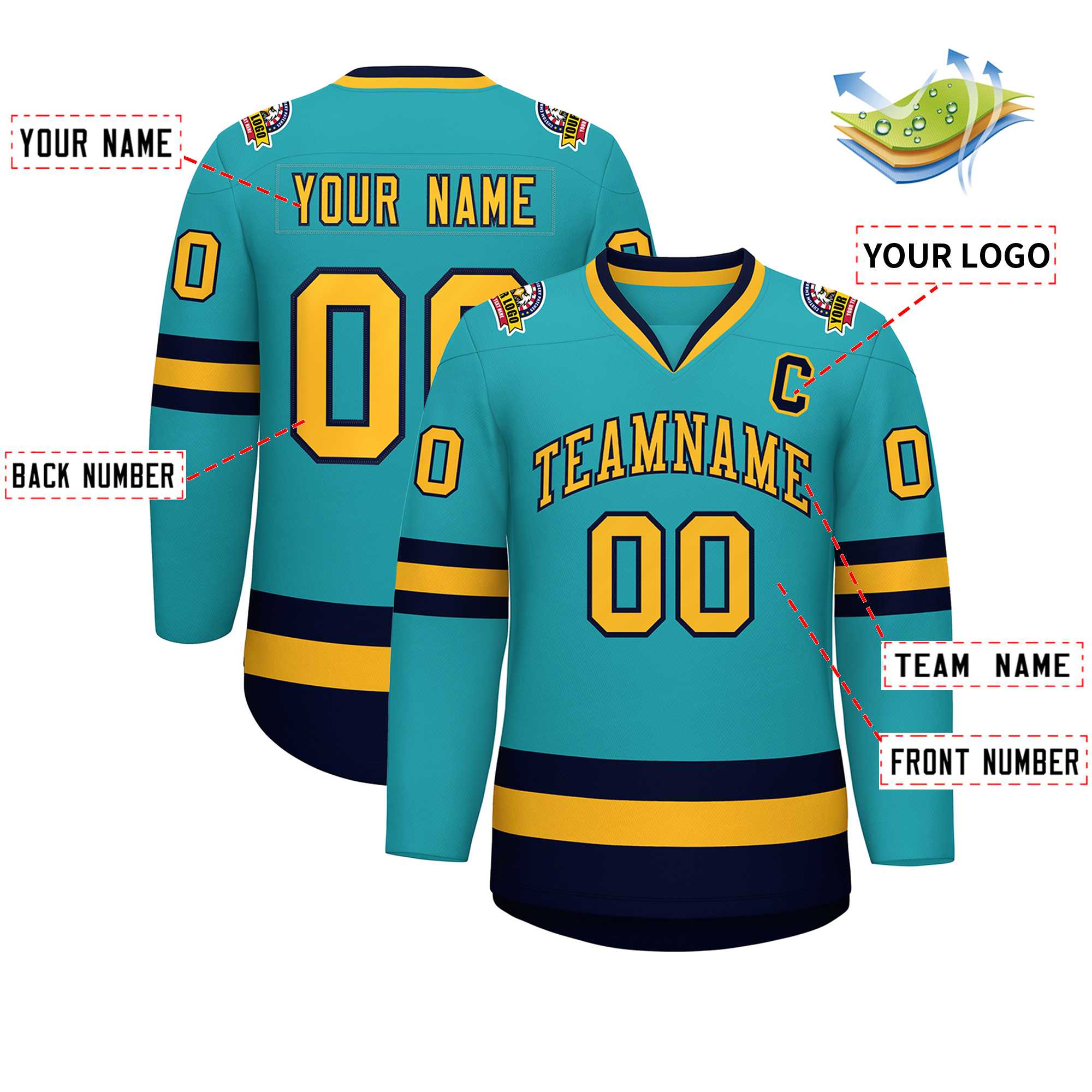 Custom Aqua Gold-Navy Classic Style Hockey Jersey | KXKSHOP