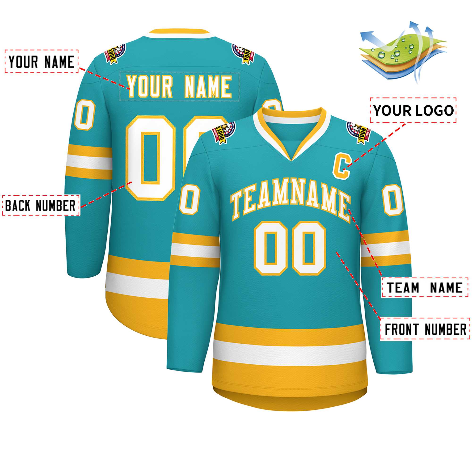 Custom Aqua White-Gold Classic Style Hockey Jersey | KXKSHOP