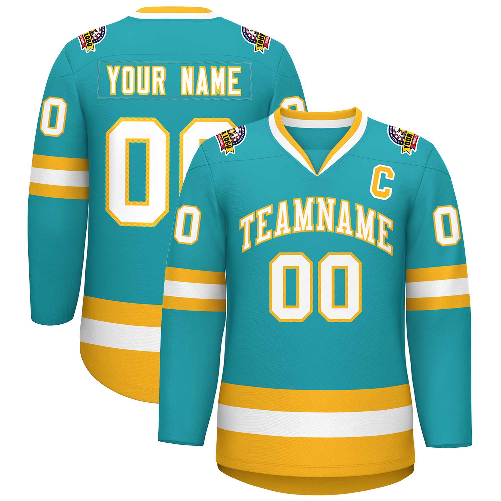 Custom Aqua White-Gold Classic Style Hockey Jersey | KXKSHOP