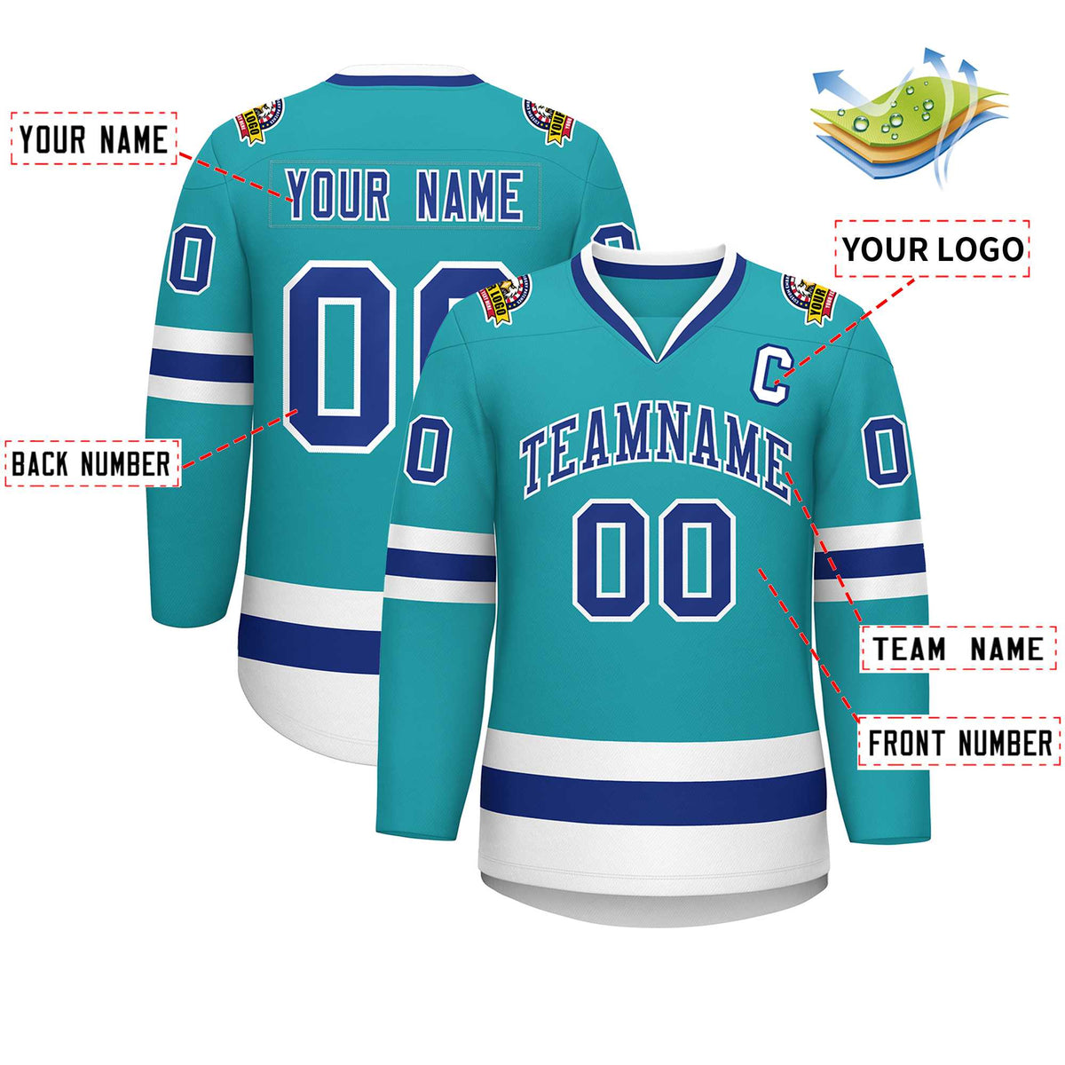 Custom Aqua Royal-White Classic Style Hockey Jersey | KXKSHOP