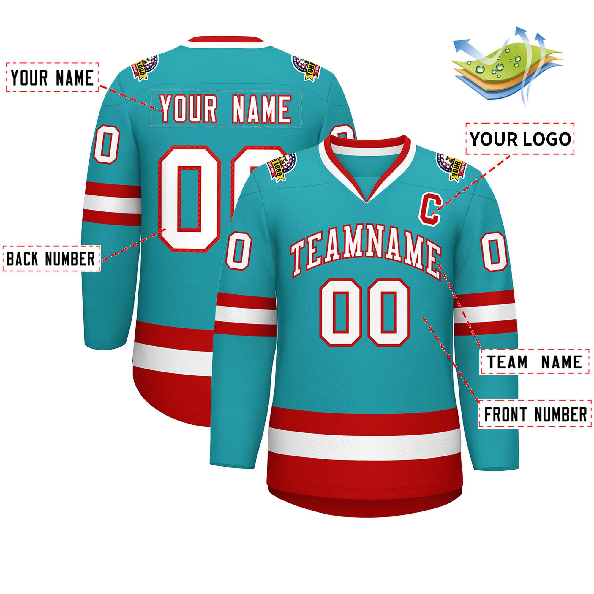 Custom Aqua White-Red Classic Style Hockey Jersey | KXKSHOP