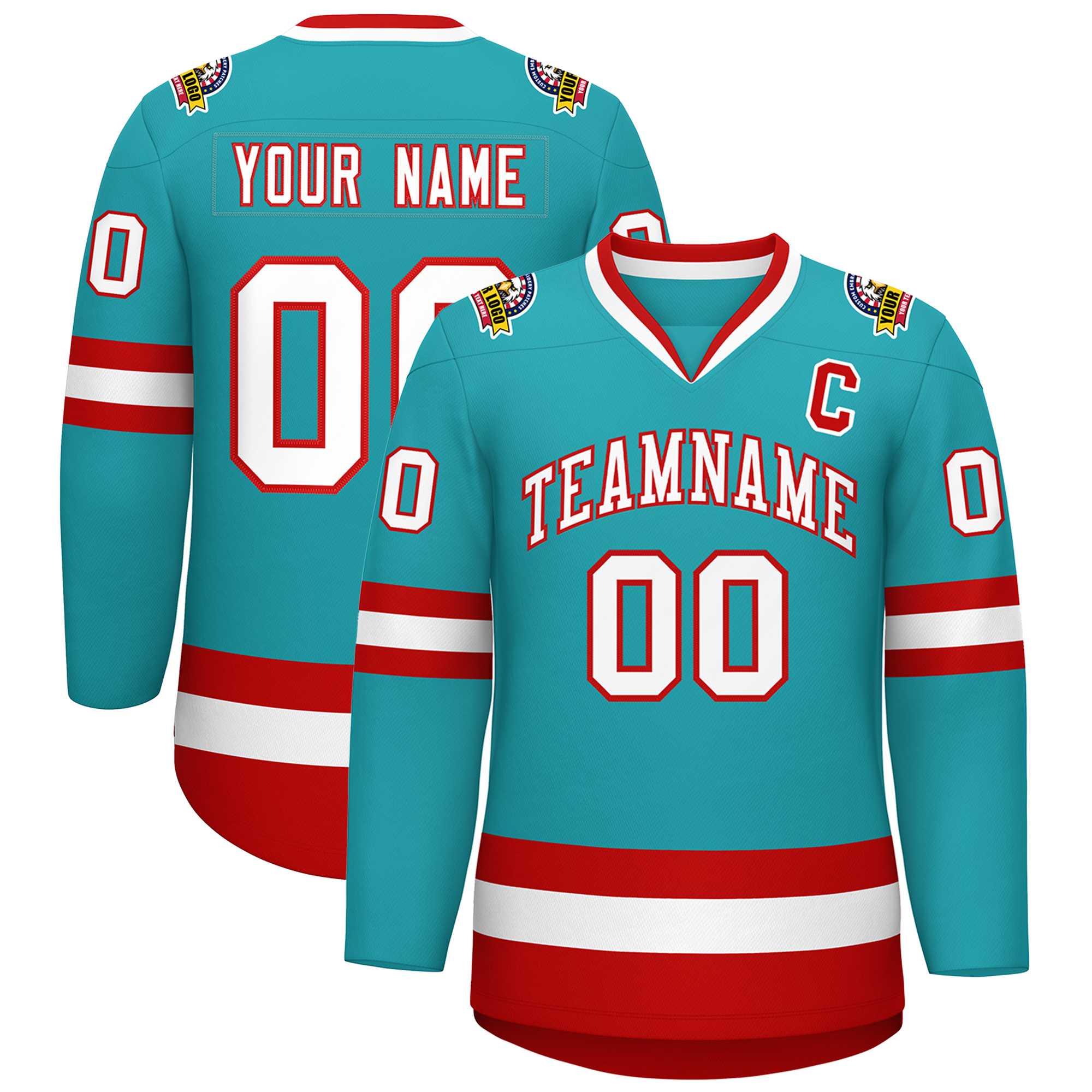 Custom Aqua White-Red Classic Style Hockey Jersey | KXKSHOP